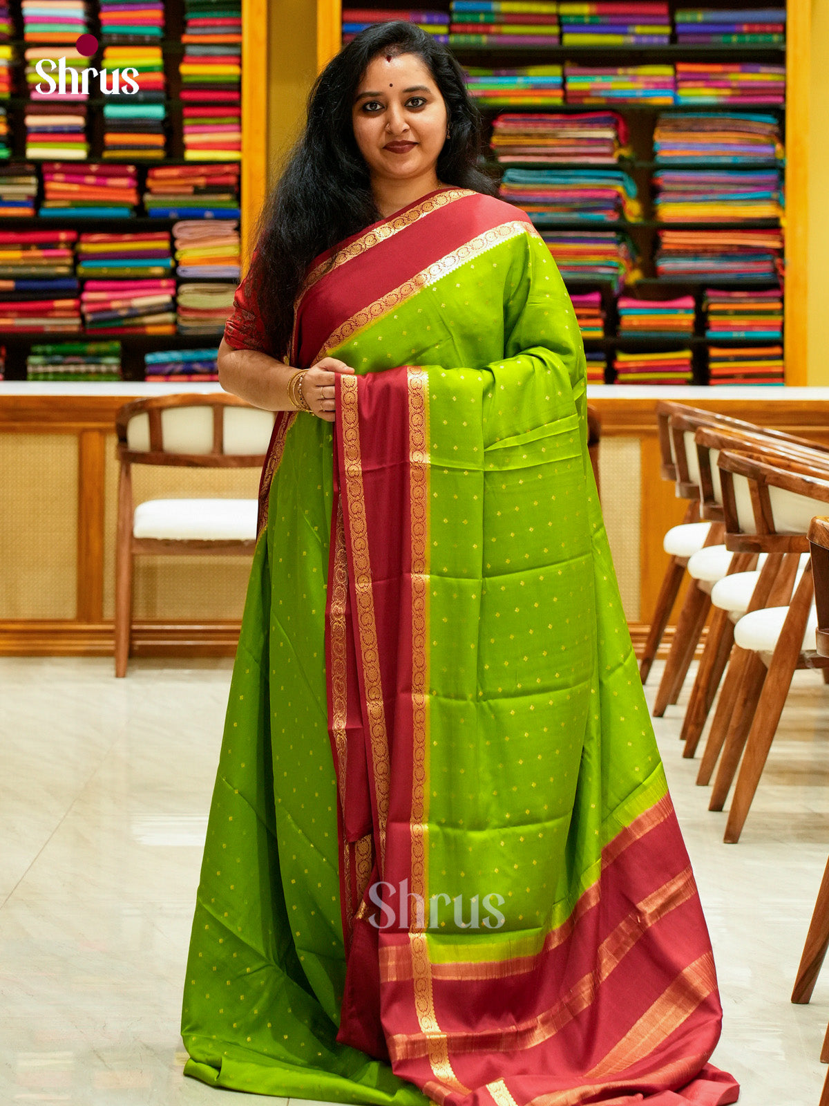 Parrot Green Mysore Silk Saree with Floral Buttas | Red Contrast Border