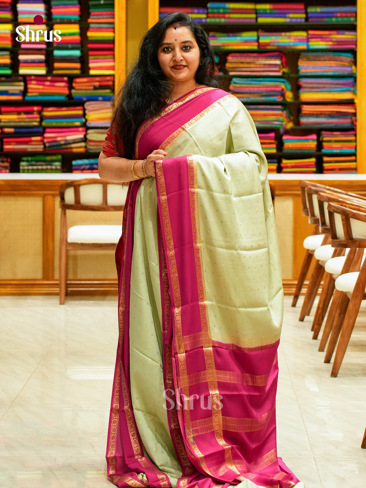 Mint Green Mysore Silk Saree with Floral Buttas | Pink Contrast Border - Shop on Shrus.com