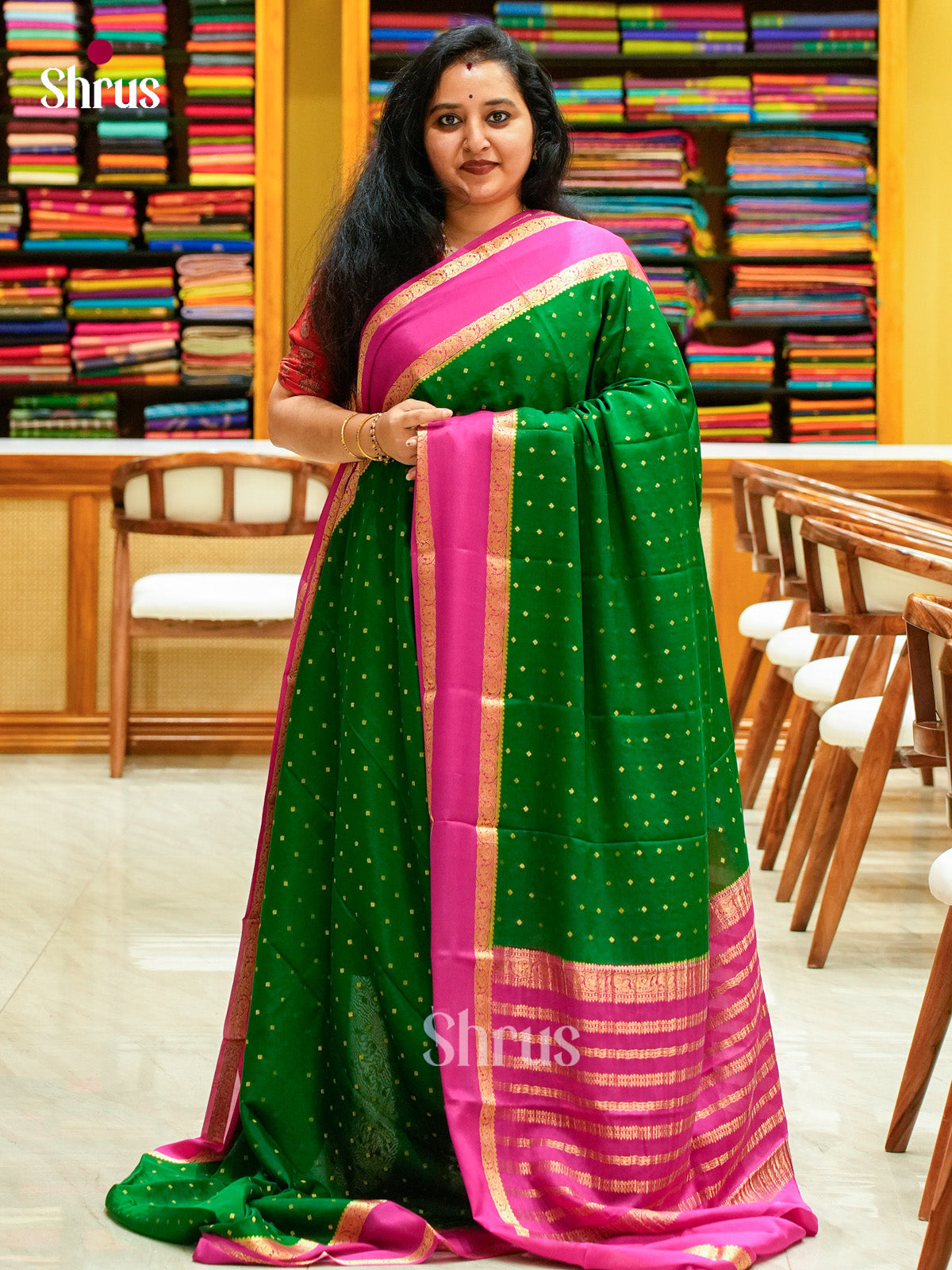 Dark Green Mysore Silk Saree with Floral Buttas | Pink Contrast Border