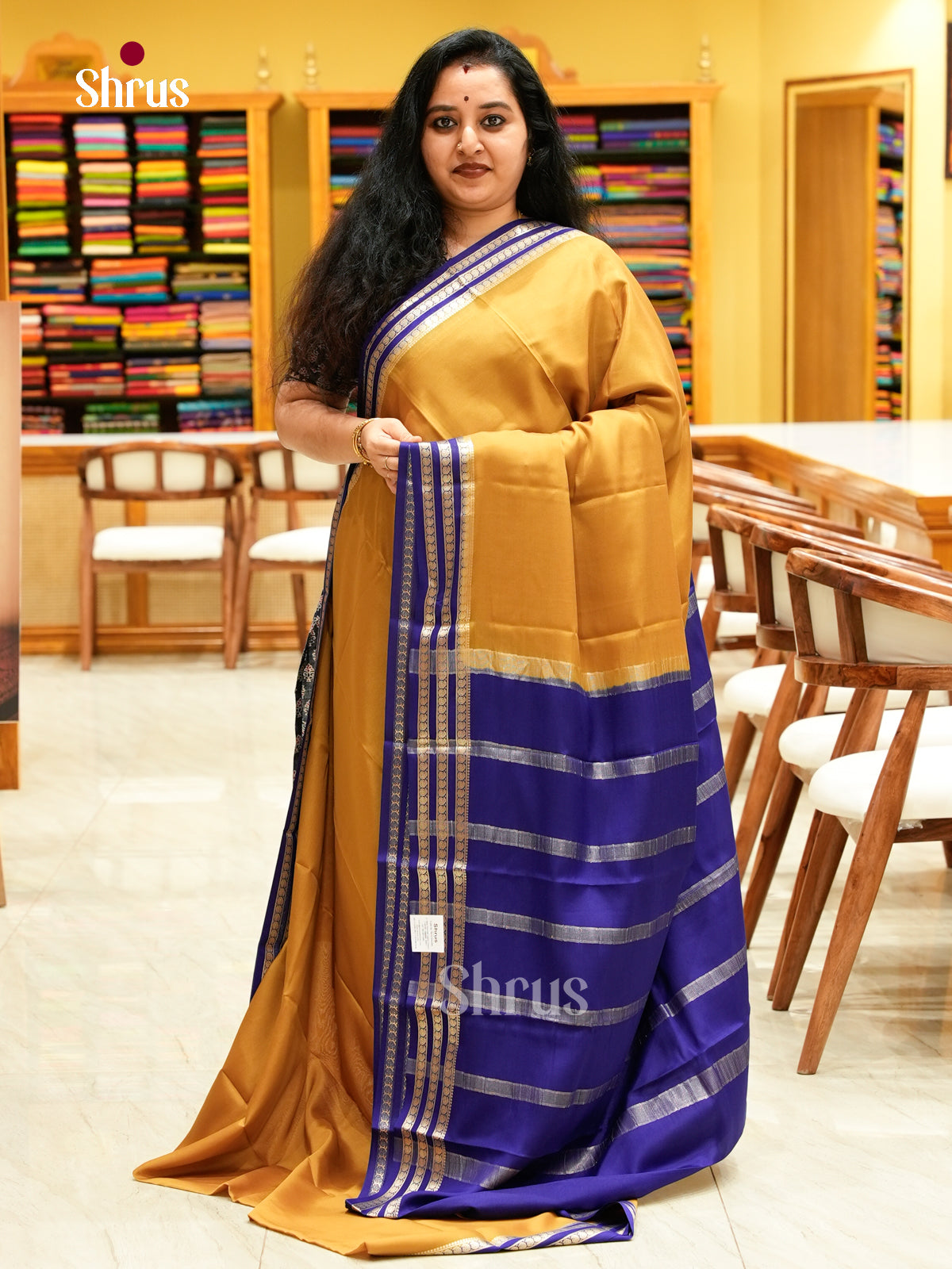 Mustard Green Mysore Silk Saree | Blue Contrast Border