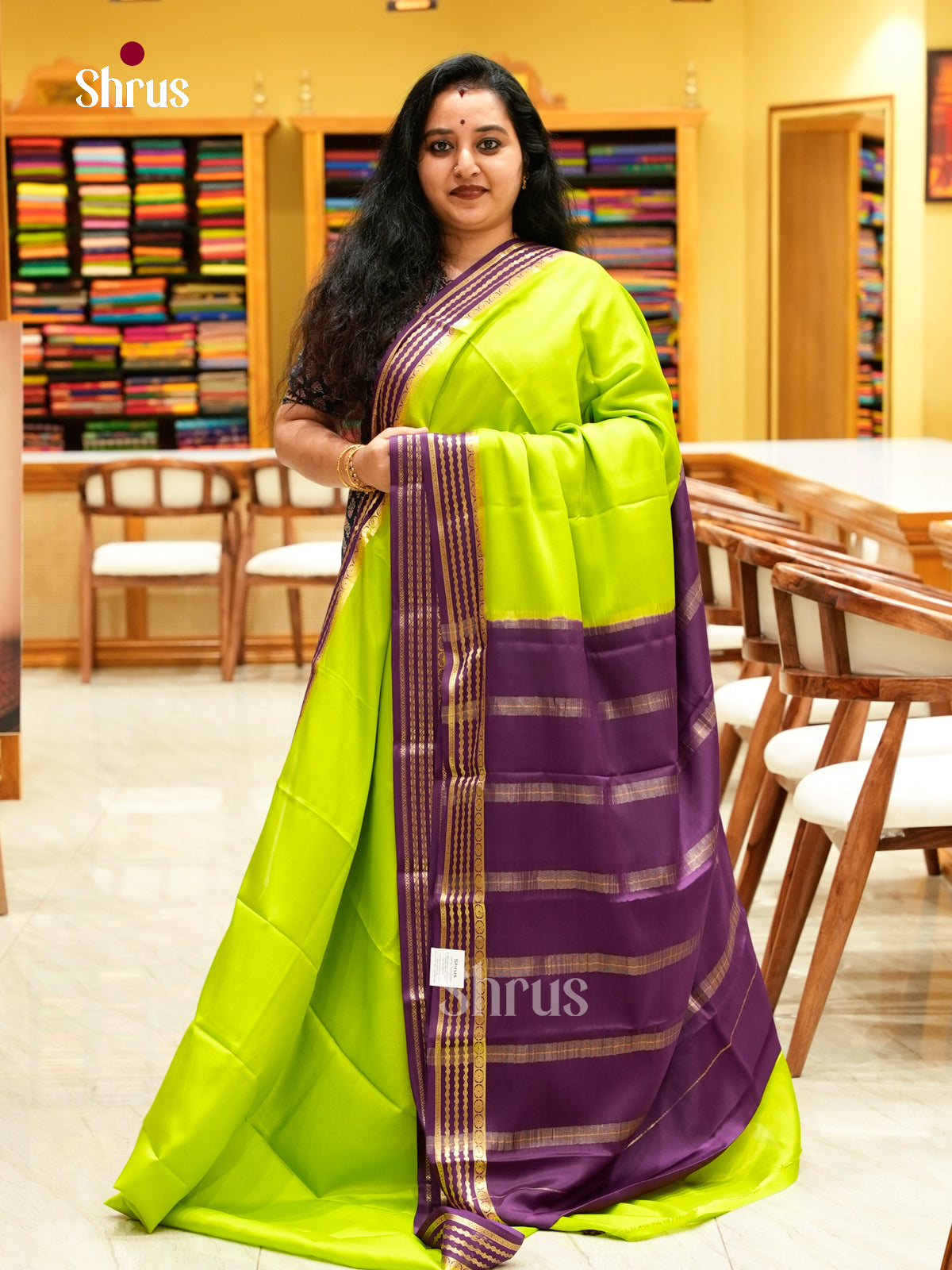 Parrot Green Mysore Silk Saree | Violet Contrast Border