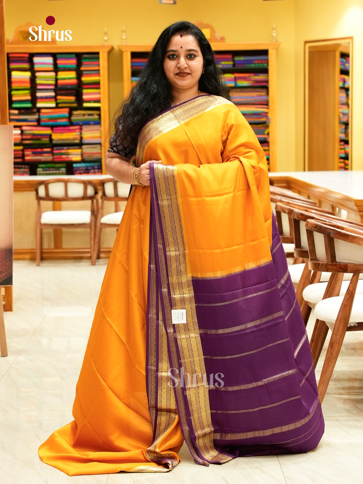 Mustard Mysore Silk Saree | Violet Contrast Border