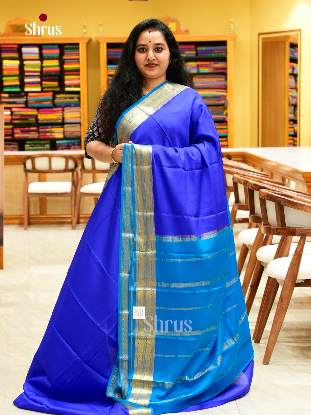 Royal Blue Mysore Silk Saree | Teal Blue Contrast Border — EGS02092