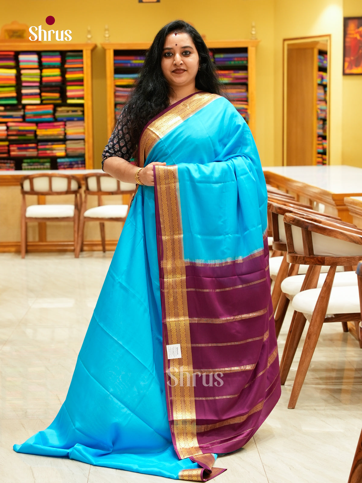 Sky Blue Mysore Silk Saree | Magenta Contrast Border