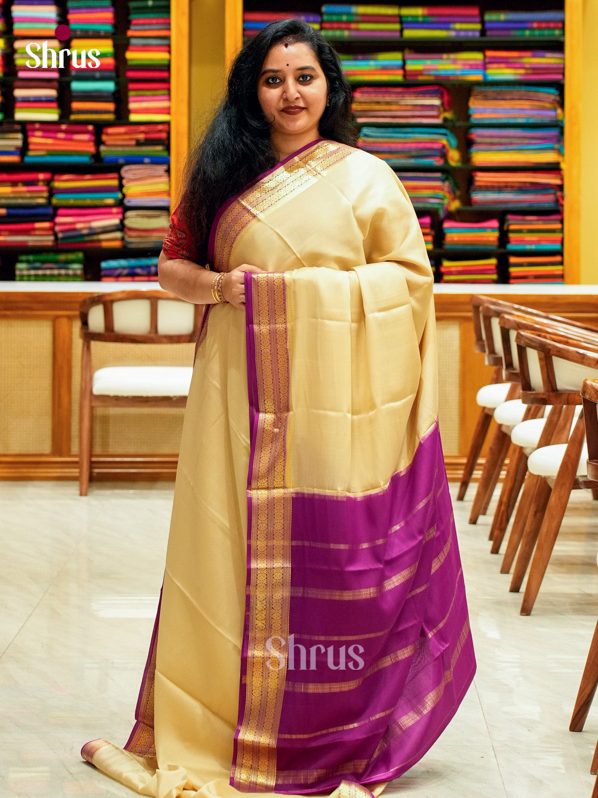 Cream Mysore Silk Saree | Pink Contrast Border