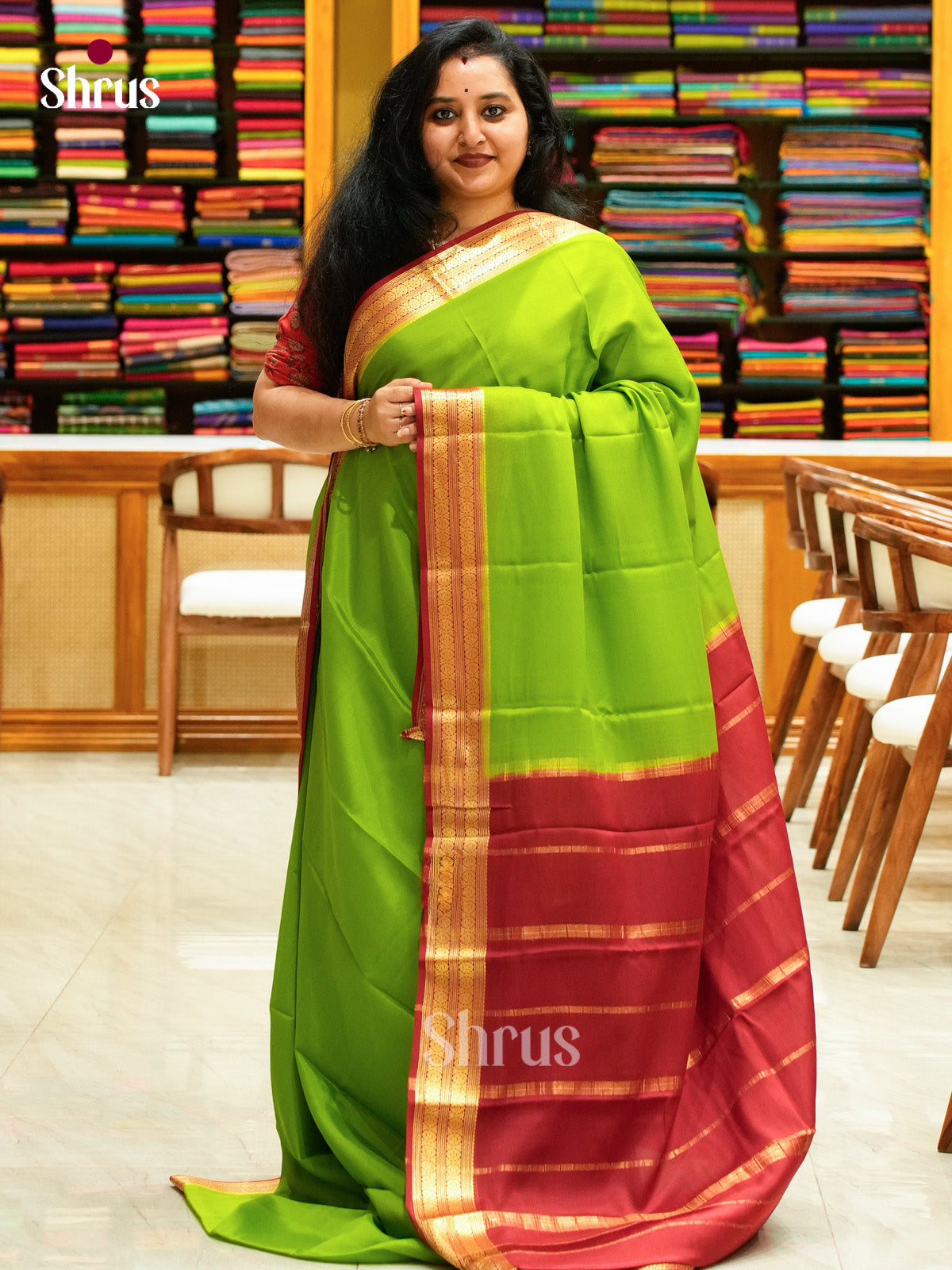 Green Mysore Silk Saree | Maroon Contrast Border - Shop on Shrus.com