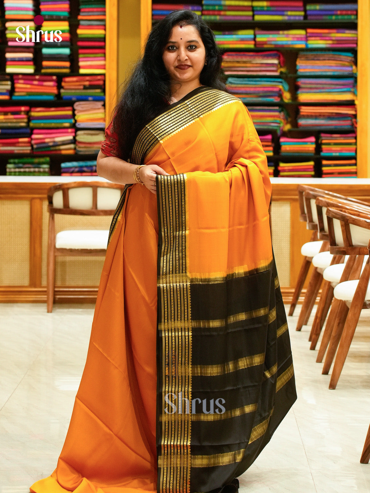 Mustard Mysore Silk Saree | Black Contrast Border — EGS02100 - Shop on Shrus.com