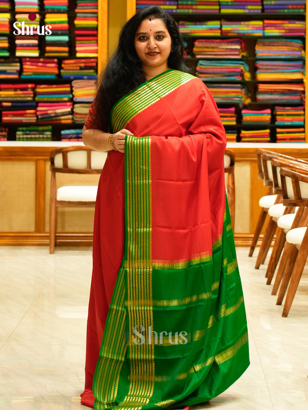 Red Mysore Silk Saree | Green Contrast Border — Contrast Border with Motifs - Shop on Shrus.com