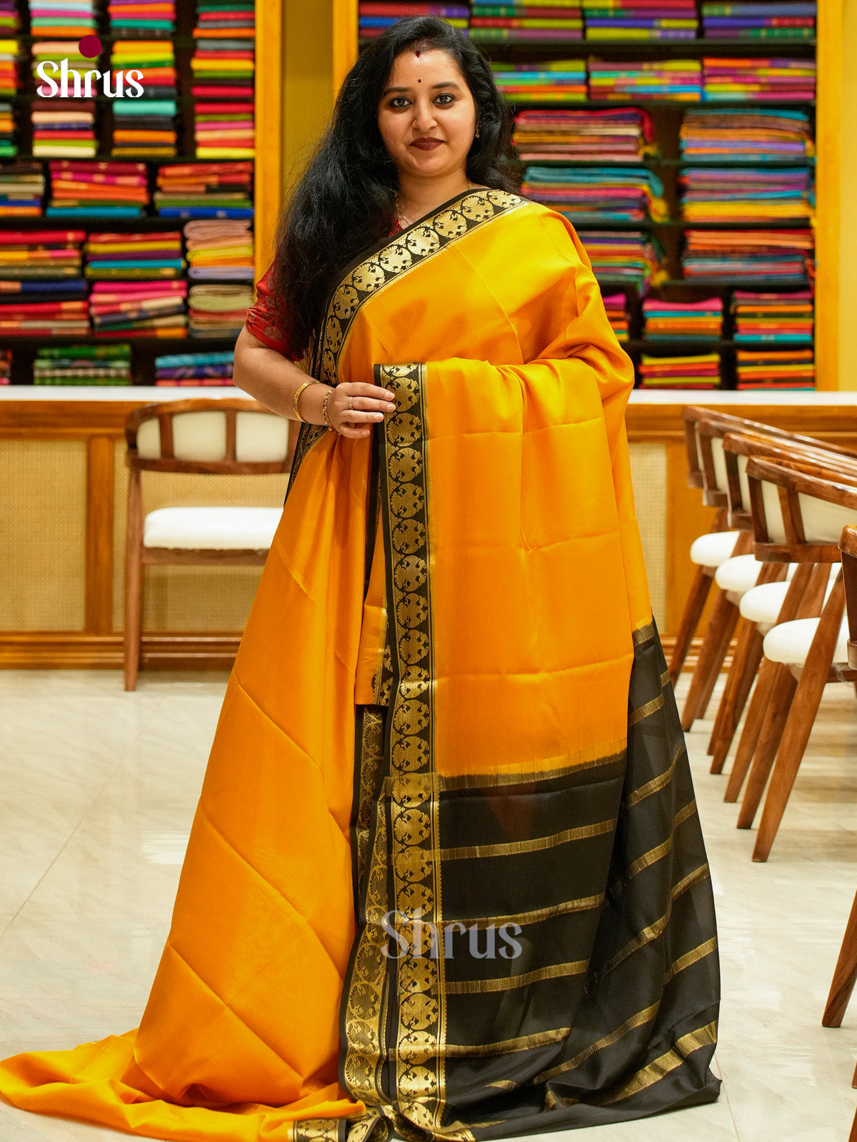 Mustard Mysore Silk Saree | Black Contrast Border — Contrast Border with Motifs - Shop on Shrus.com