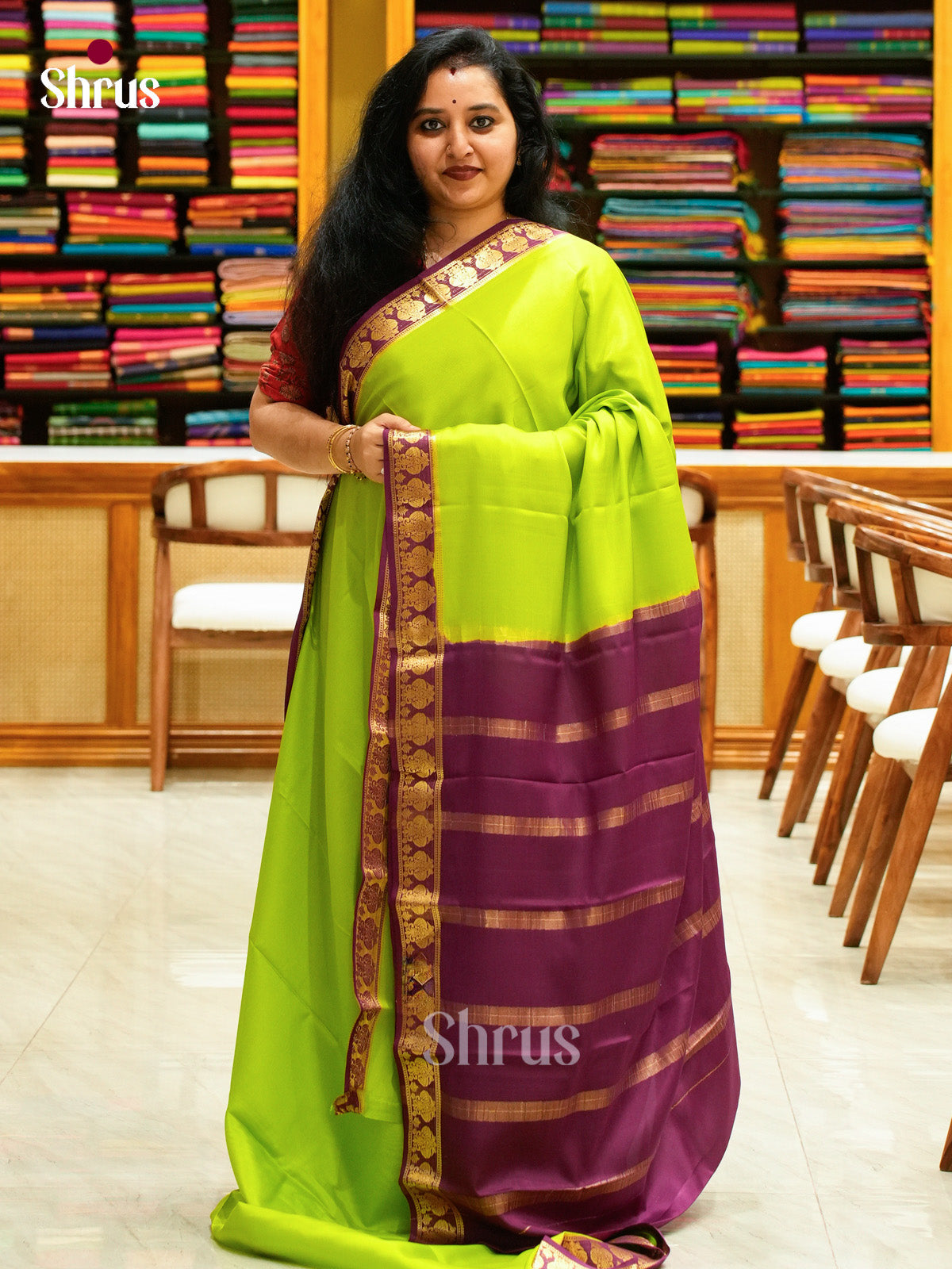 Parrot Green Mysore Silk Saree | Magenta Contrast Border