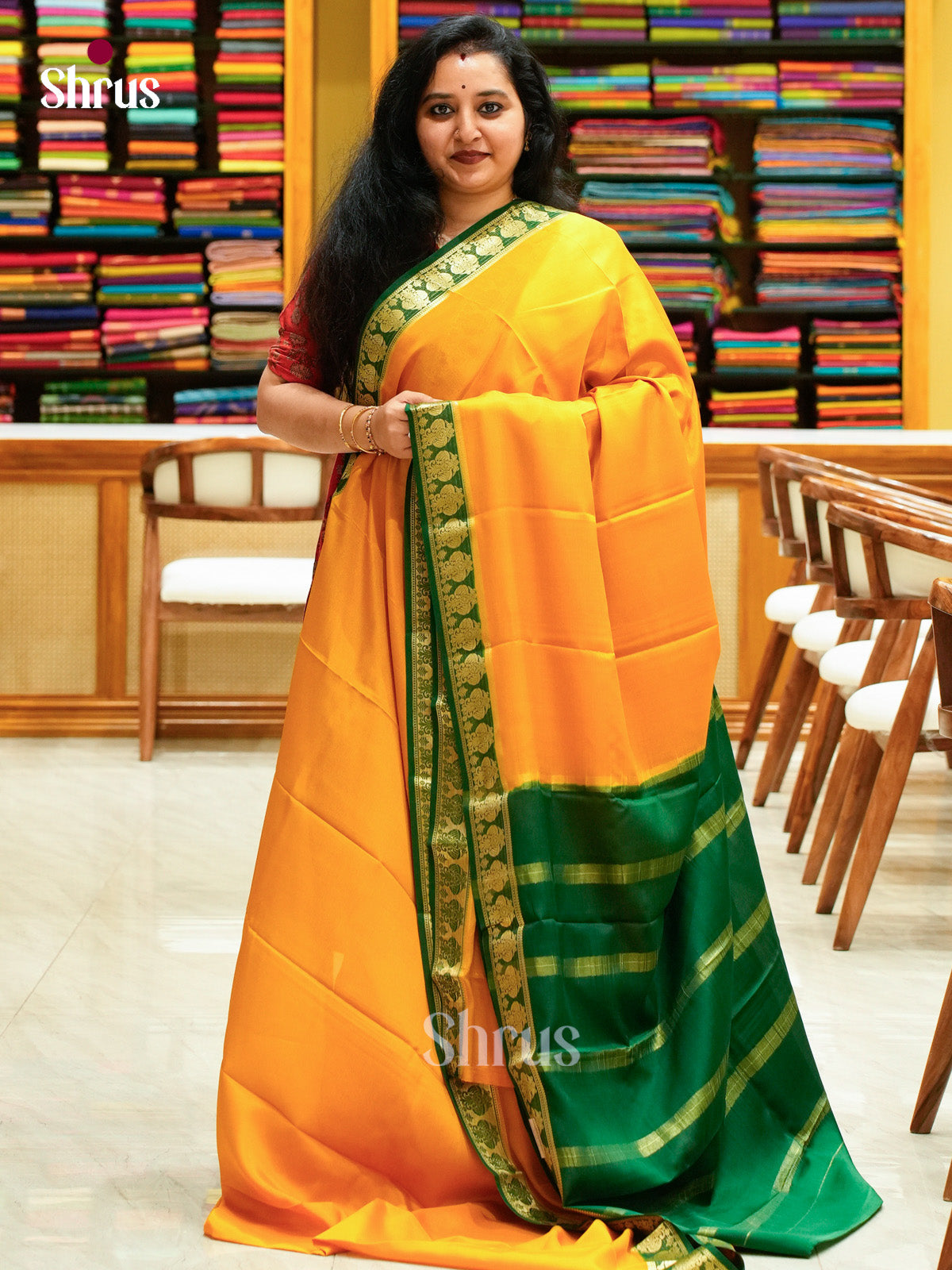 Mustard Mysore Silk Saree | Green Contrast Border - Shop on Shrus.com