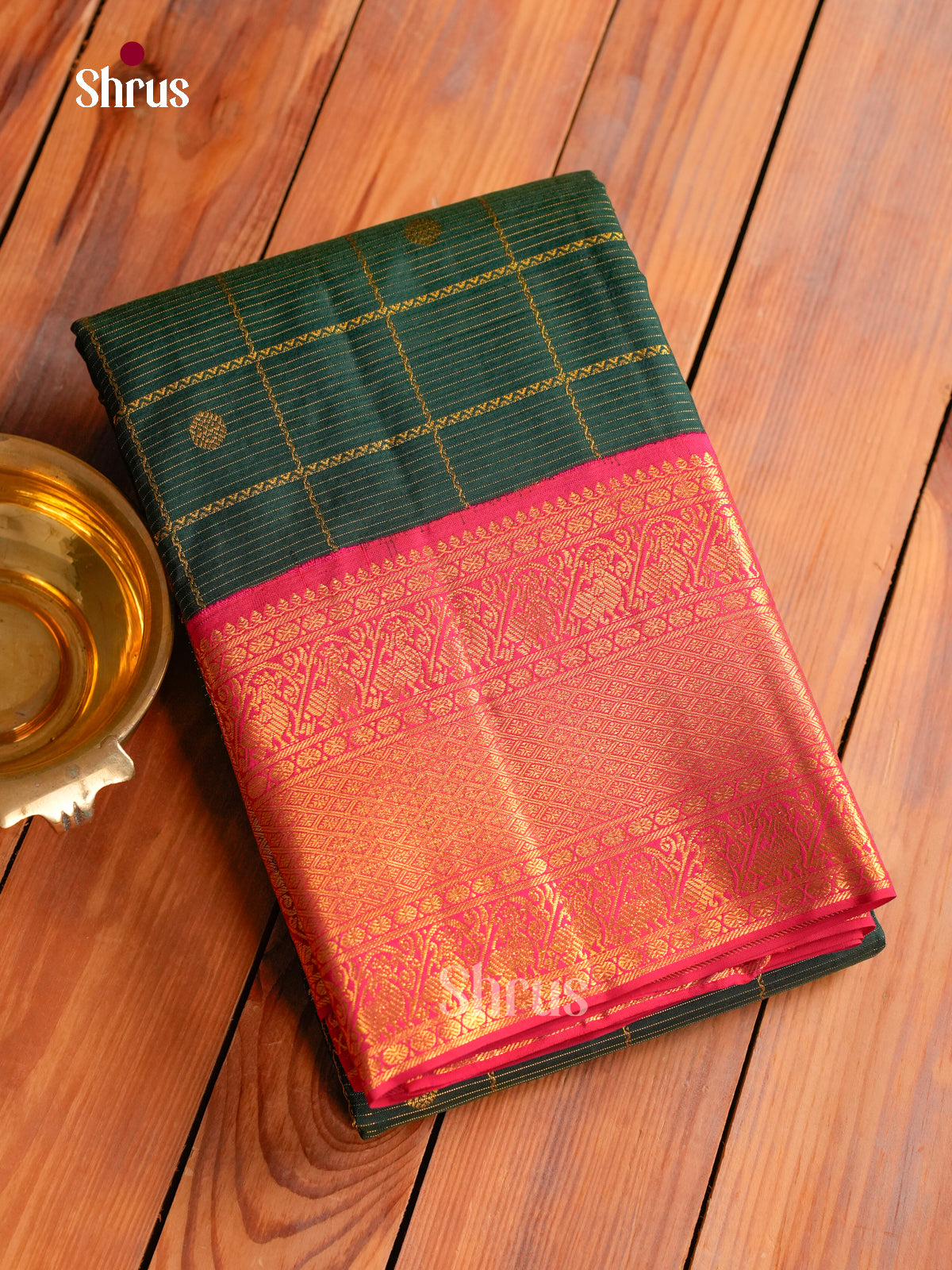 Dark Green Kanchipuram Silk Saree with Checks and Round Zari Buttas | Pink Contrast Border - Shop on Shrus.com