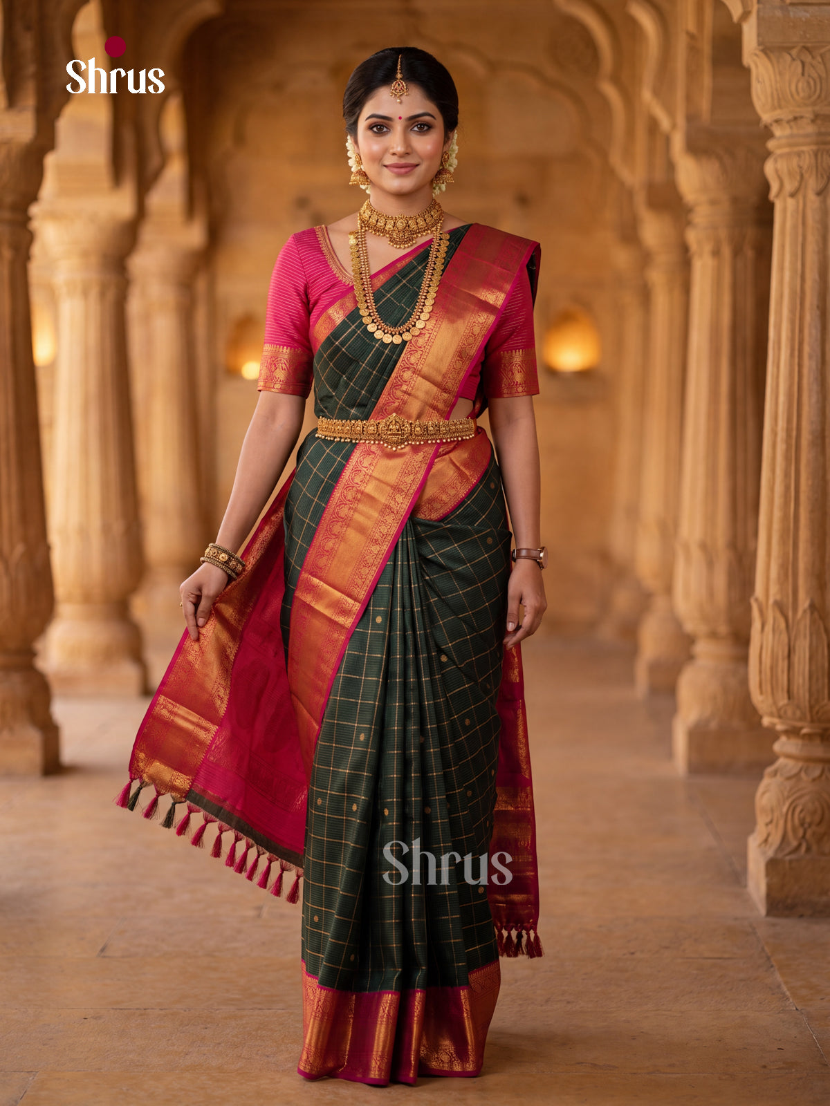 Dark Green Kanchipuram Silk Saree with Checks and Round Zari Buttas | Pink Contrast Border - Shop on Shrus.com