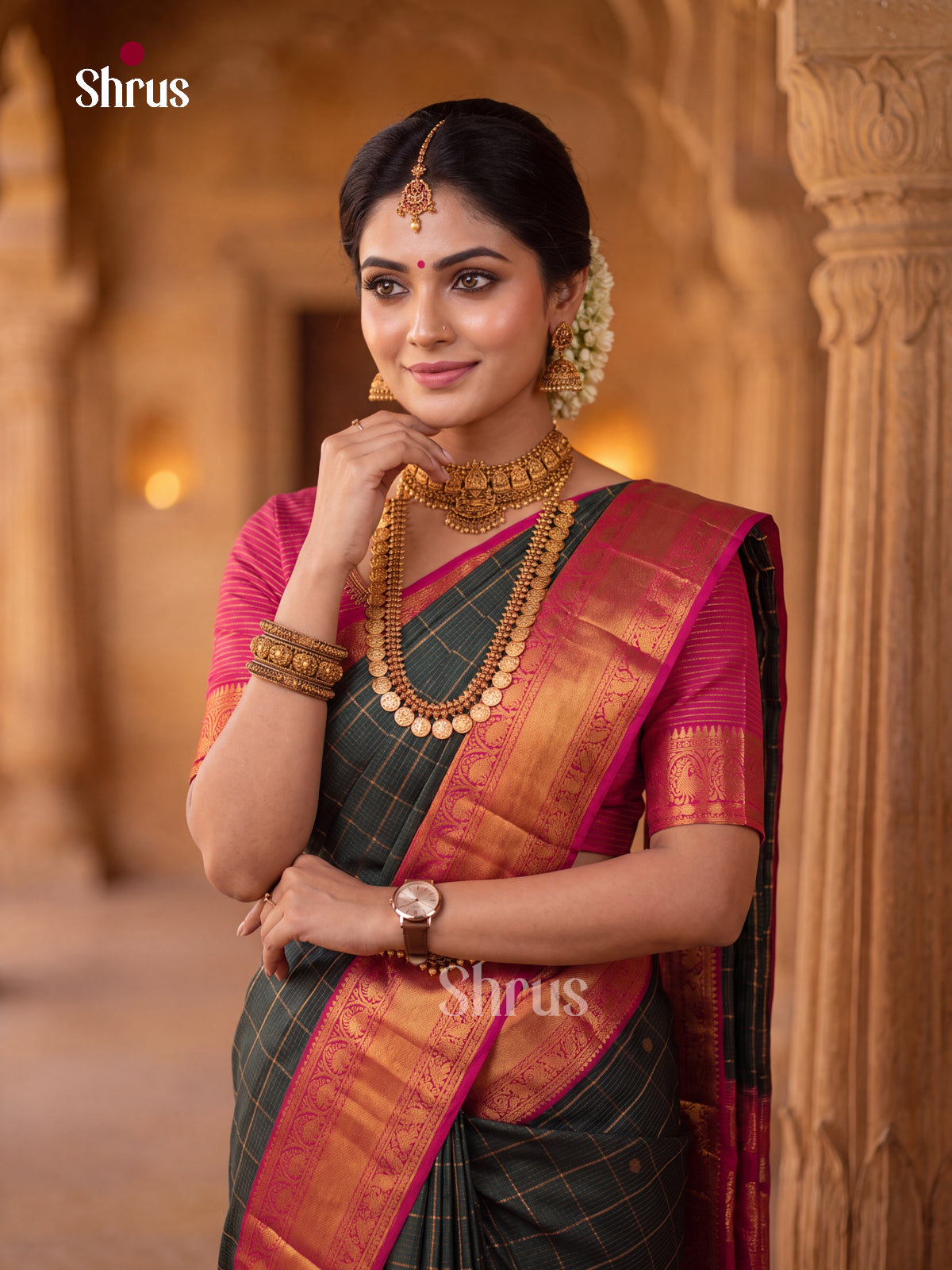 Dark Green Kanchipuram Silk Saree with Checks and Round Zari Buttas | Pink Contrast Border - Shop on Shrus.com