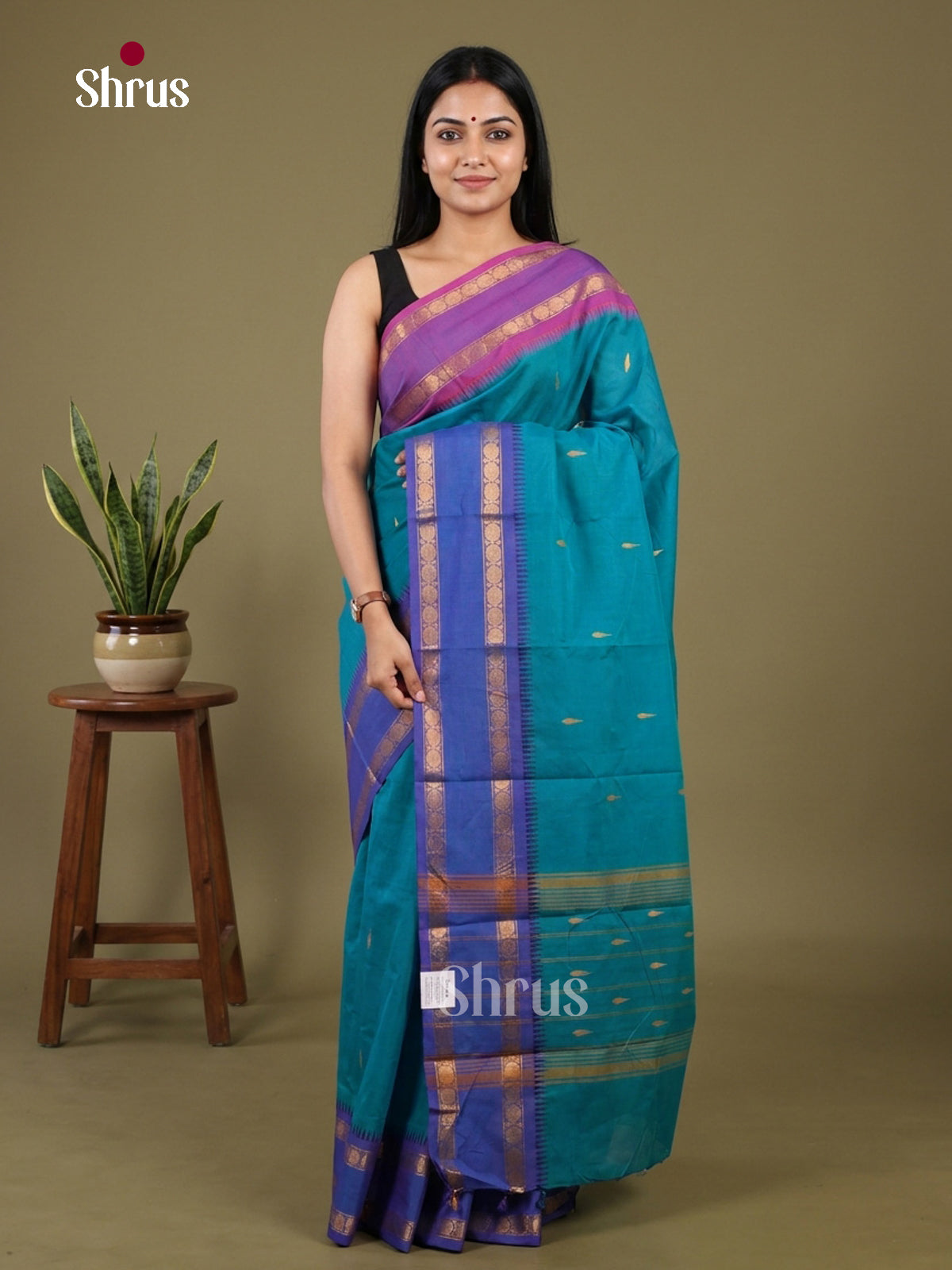 Beautiful Blue & Purple Chettinad Cotton Saree with thread buttas & Rettaipet zari border