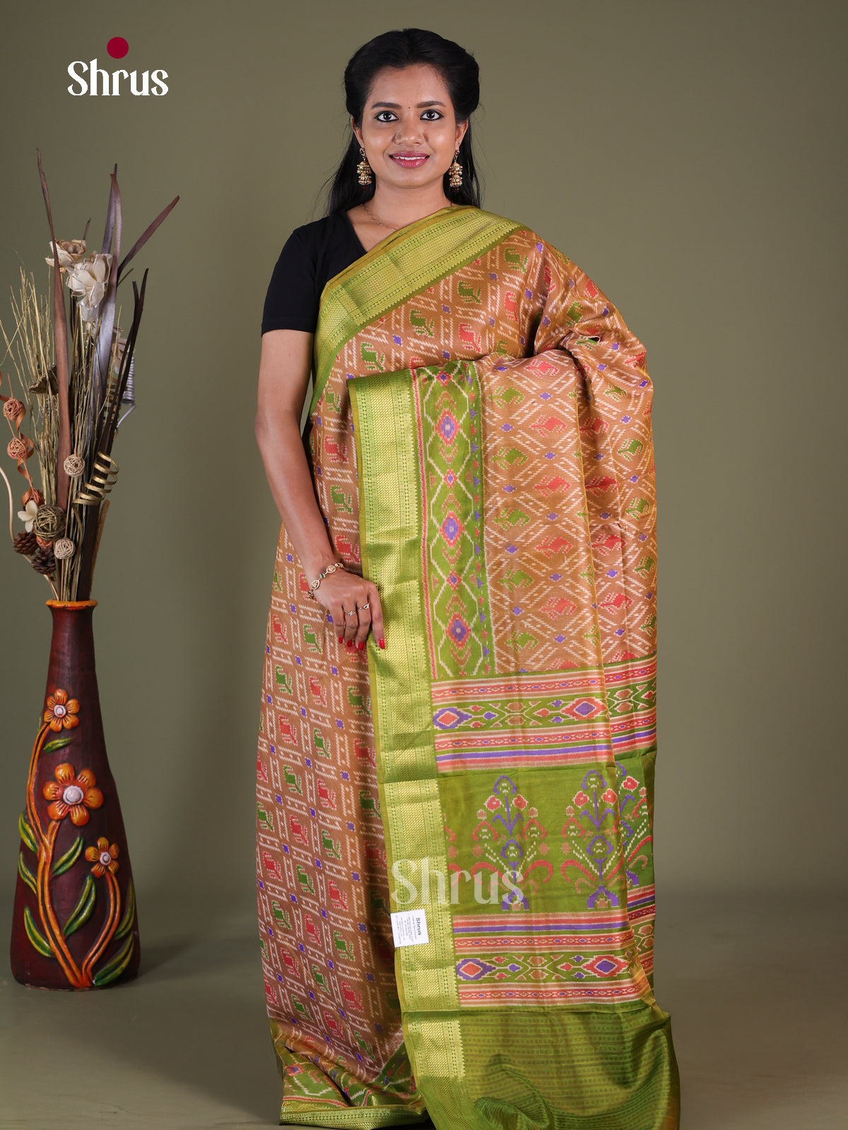 Brown & Light Green - Semi Patola Saree