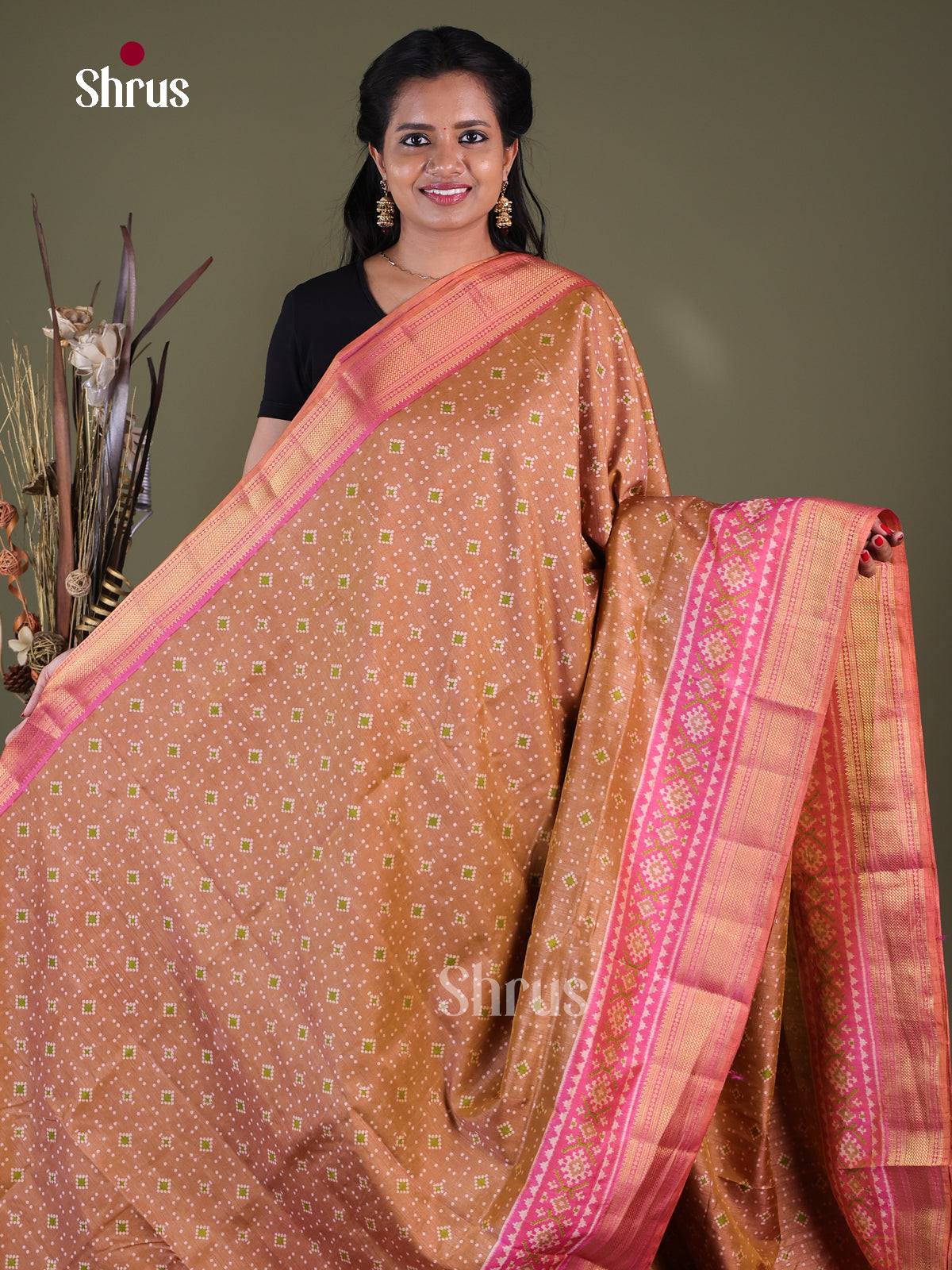 Orange & Pink - Semi Patola Saree - Shop on Shrus.com