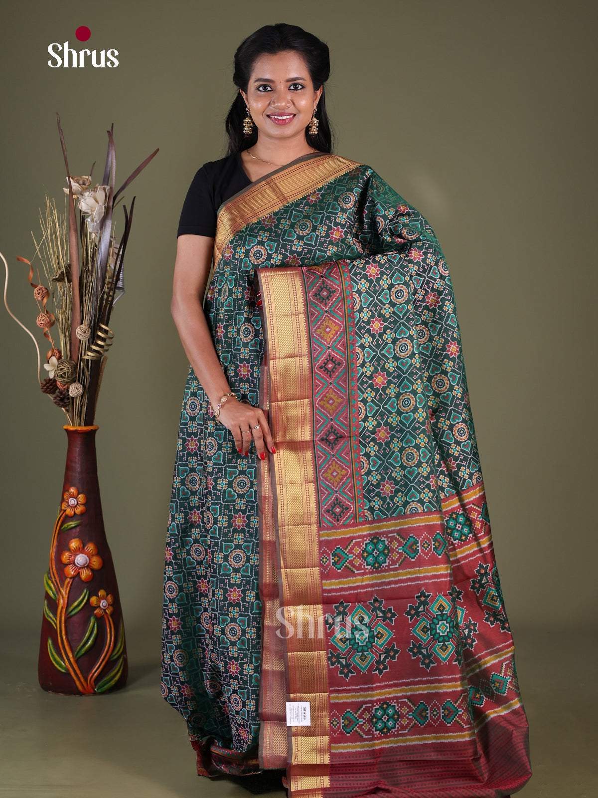 Green & Brown - Semi Patola Saree