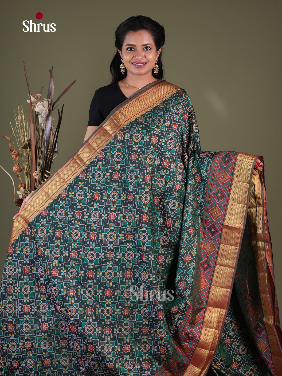 Green & Brown - Semi Patola Saree