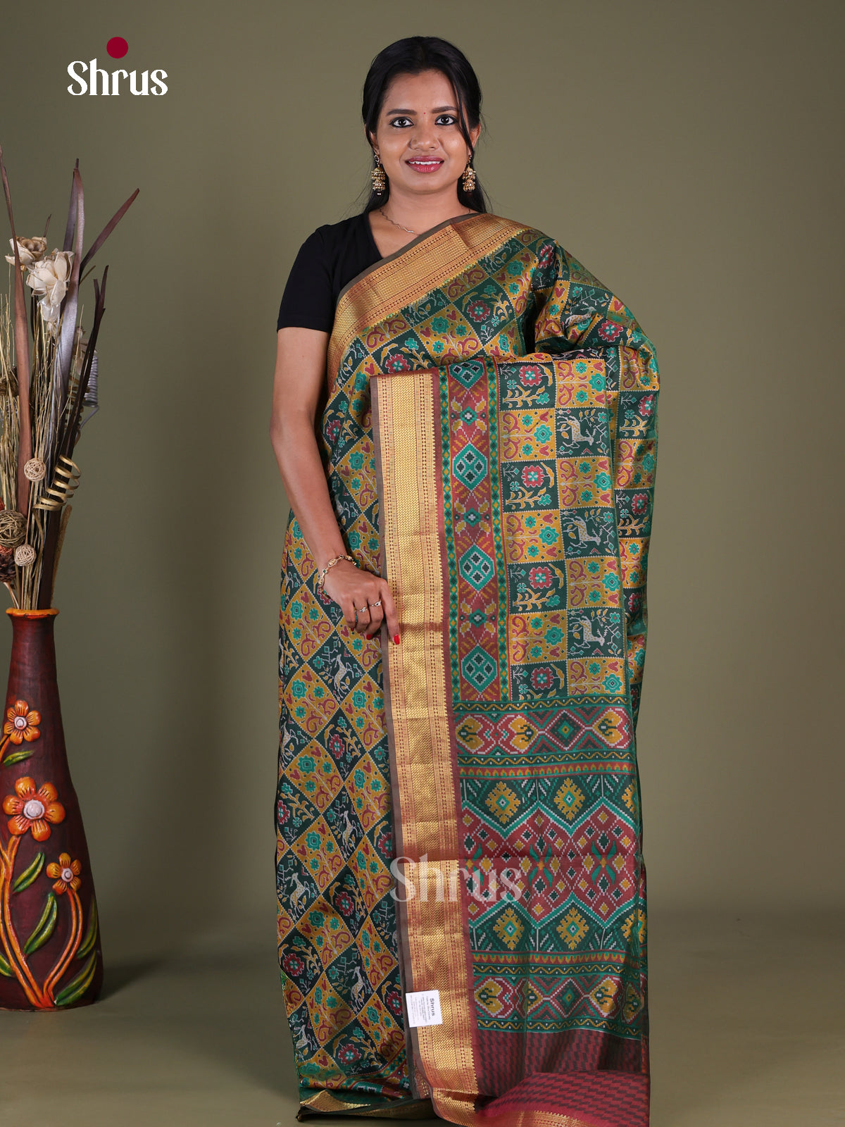 Green & Mustard & Maroon- Semi Patola Saree - Shop on Shrus.com