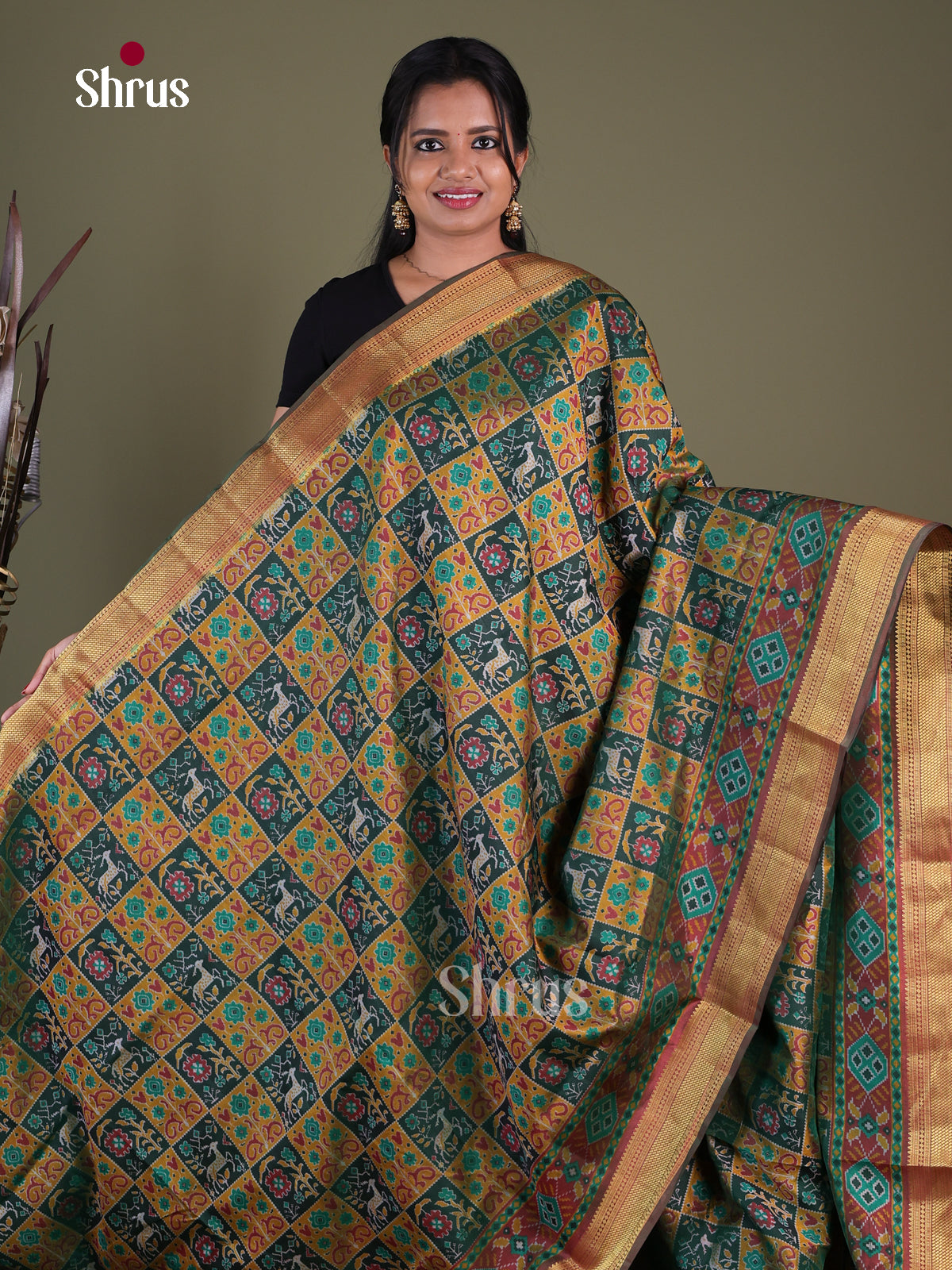 Green & Mustard & Maroon- Semi Patola Saree - Shop on Shrus.com