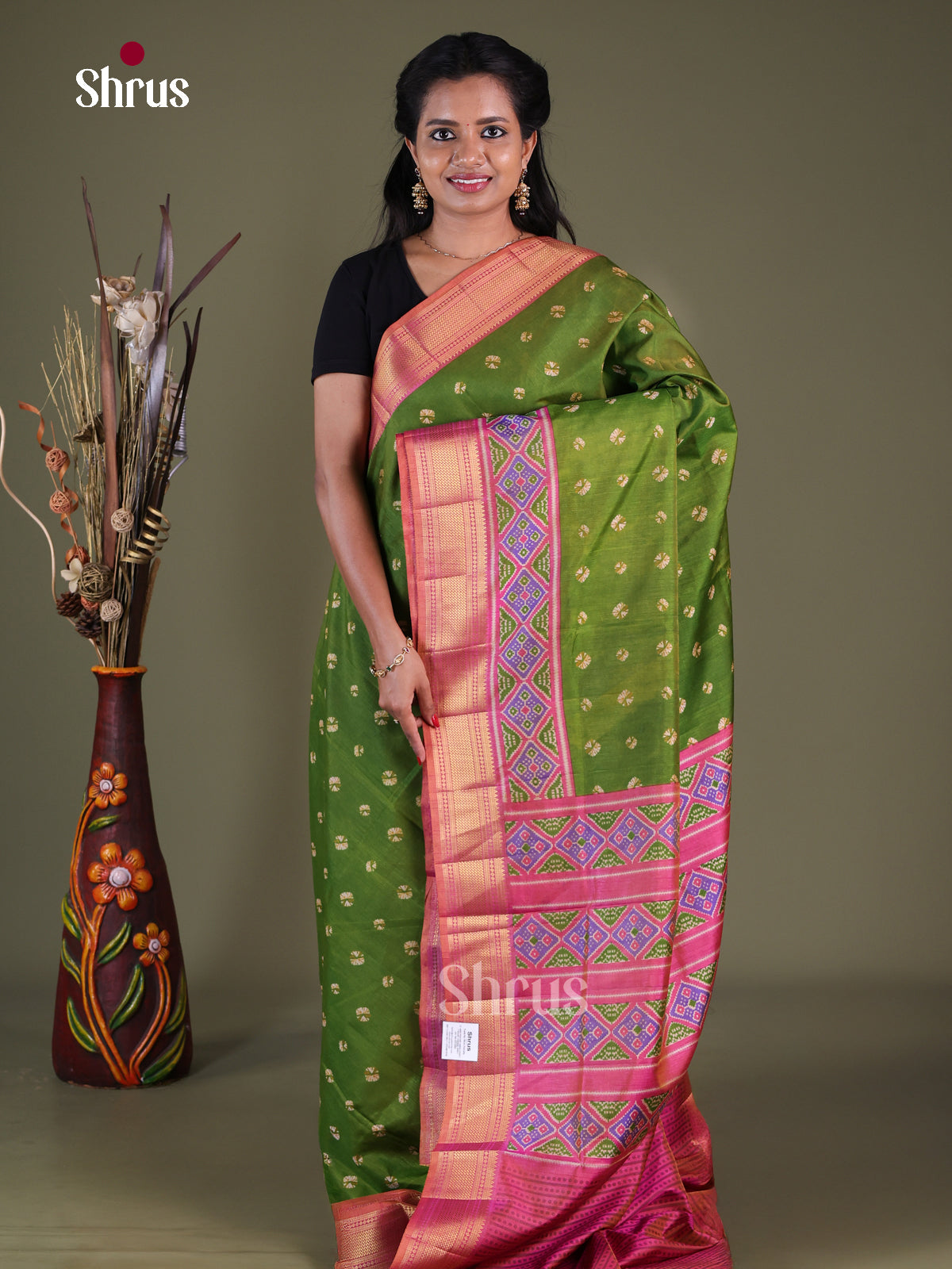 Green & Pink- Semi Patola Saree - Shop on Shrus.com