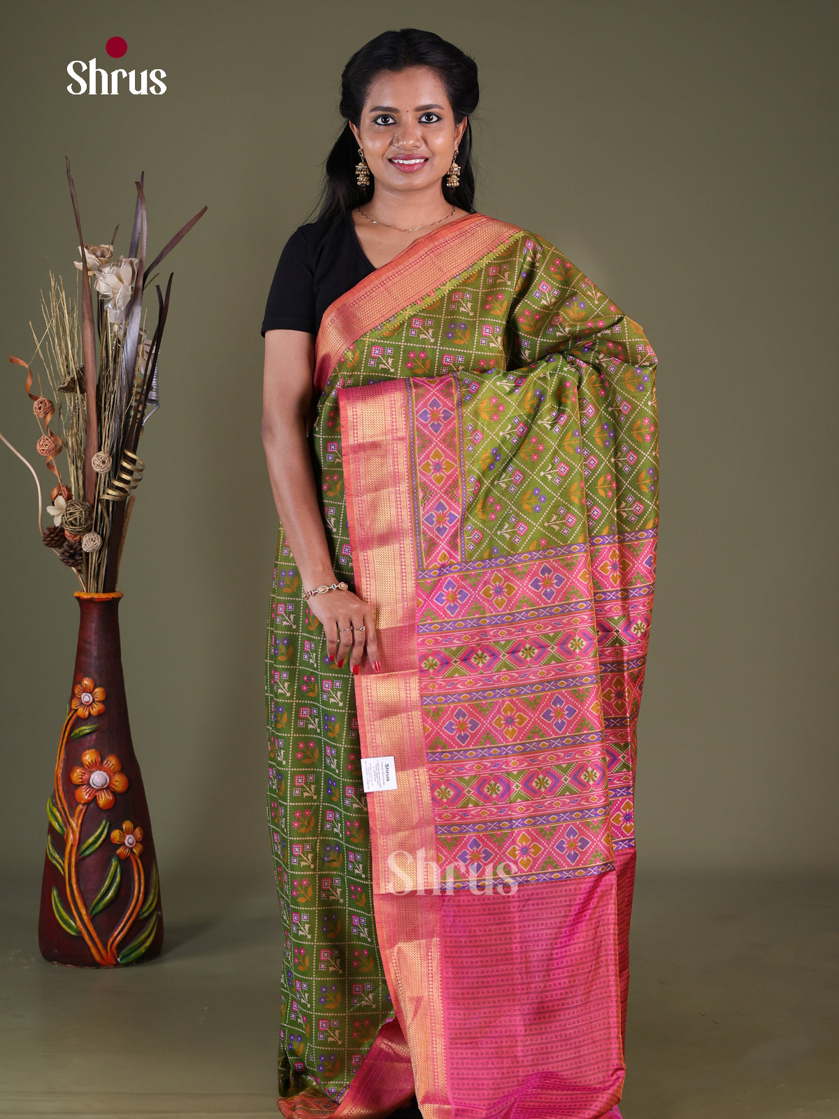 Green & Pink- Semi Patola Saree