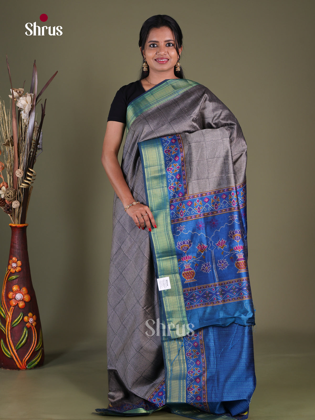 Grey & Blue- Semi Patola Saree