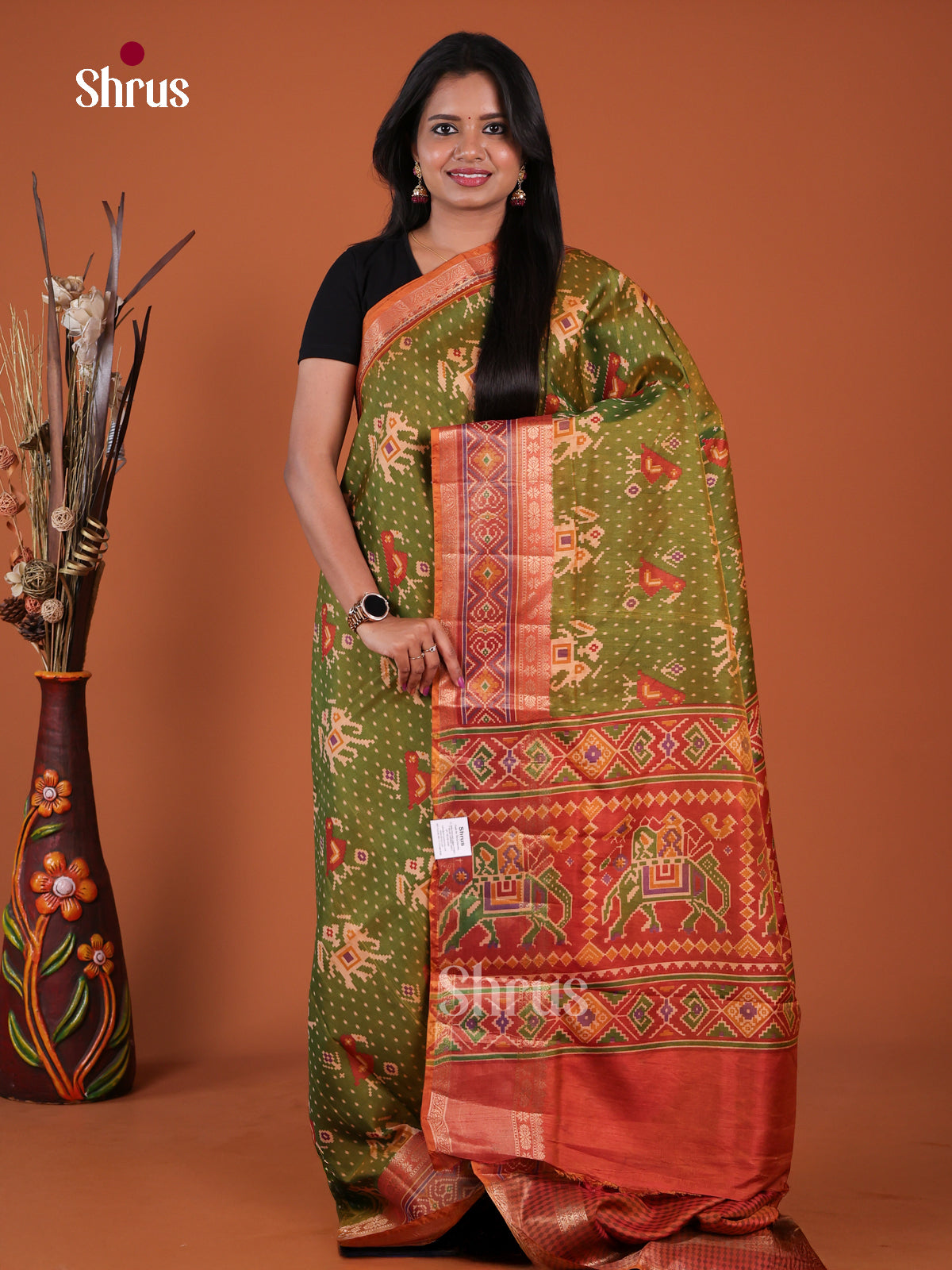 Green & Brown - Semi Patola Saree