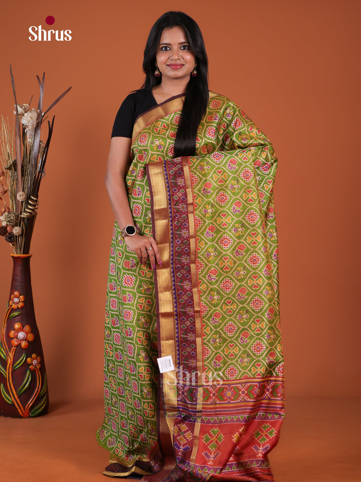 Green & Maroon - Semi Patola Saree