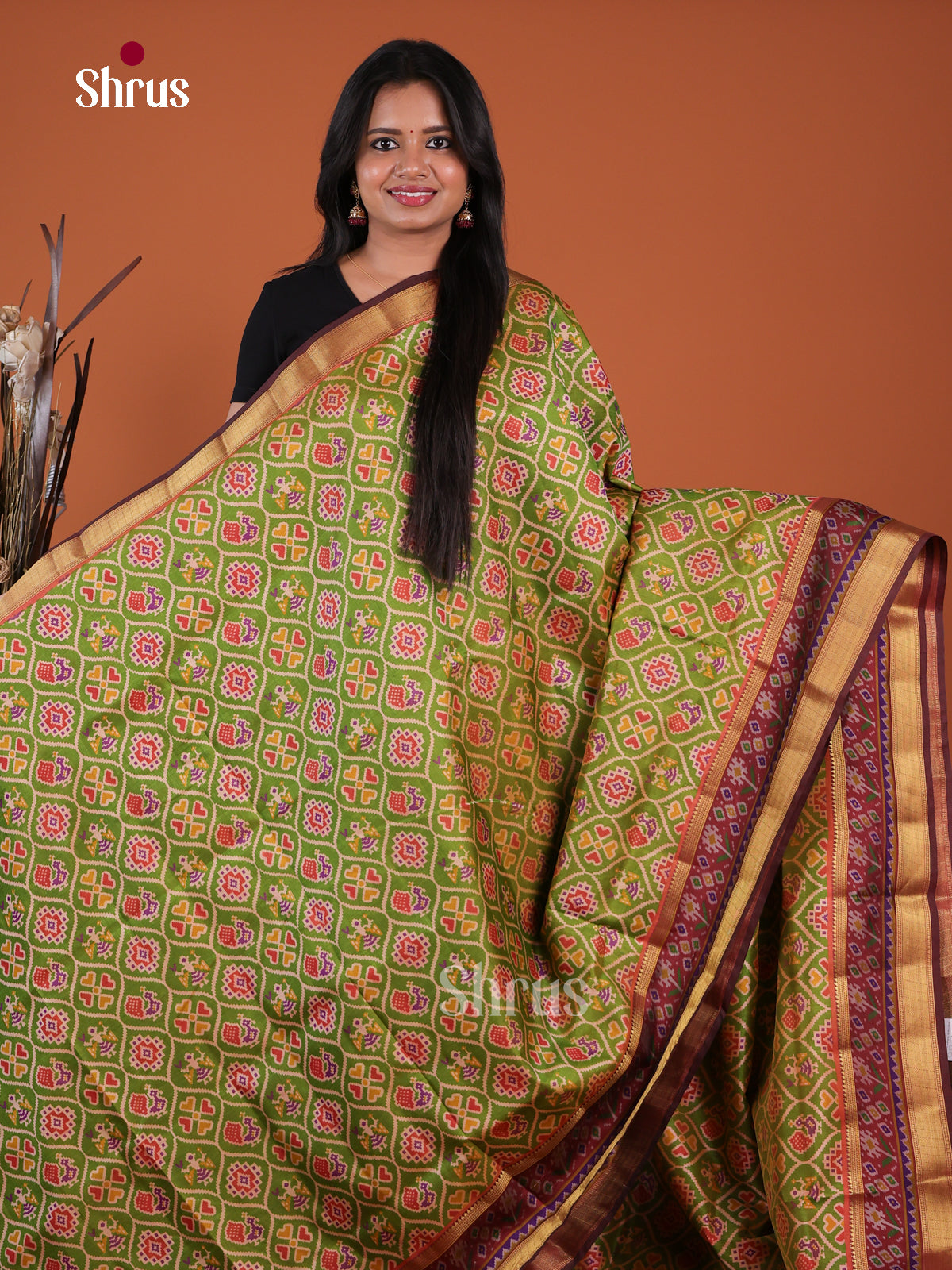 Green & Maroon - Semi Patola Saree