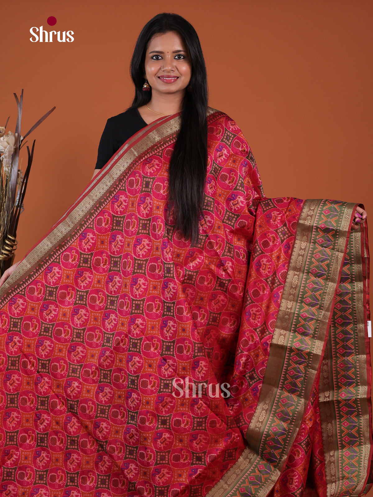 Pink & Brown - Semi Patola Saree