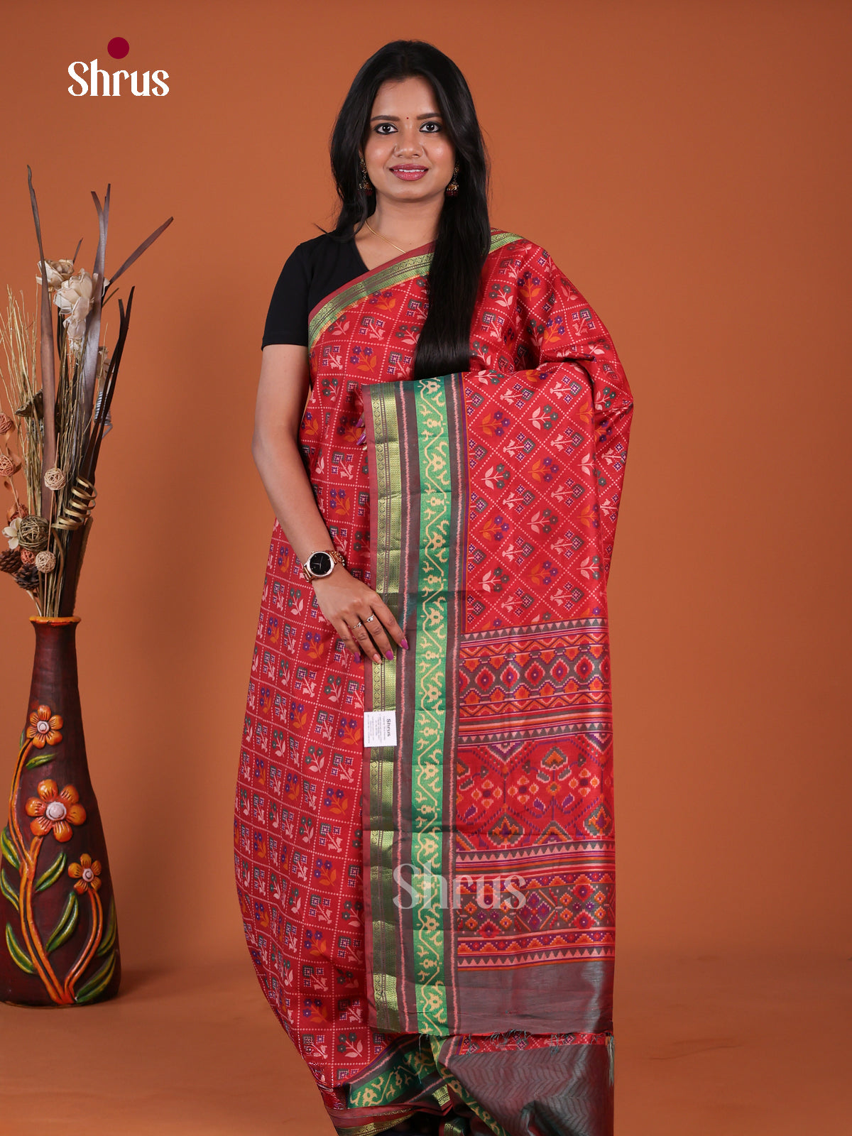 Red & Green - Semi Patola Saree