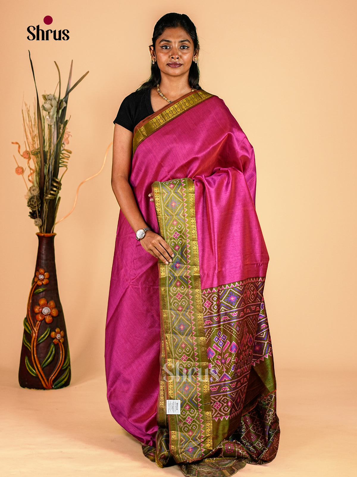 Pink & Green - Semi Patola Saree - Shop on Shrus.com