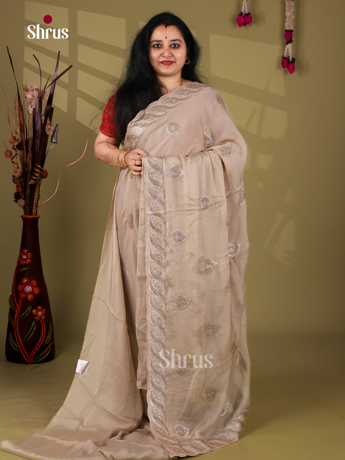 Graceful Grey Designer Saree with leaf embroidery