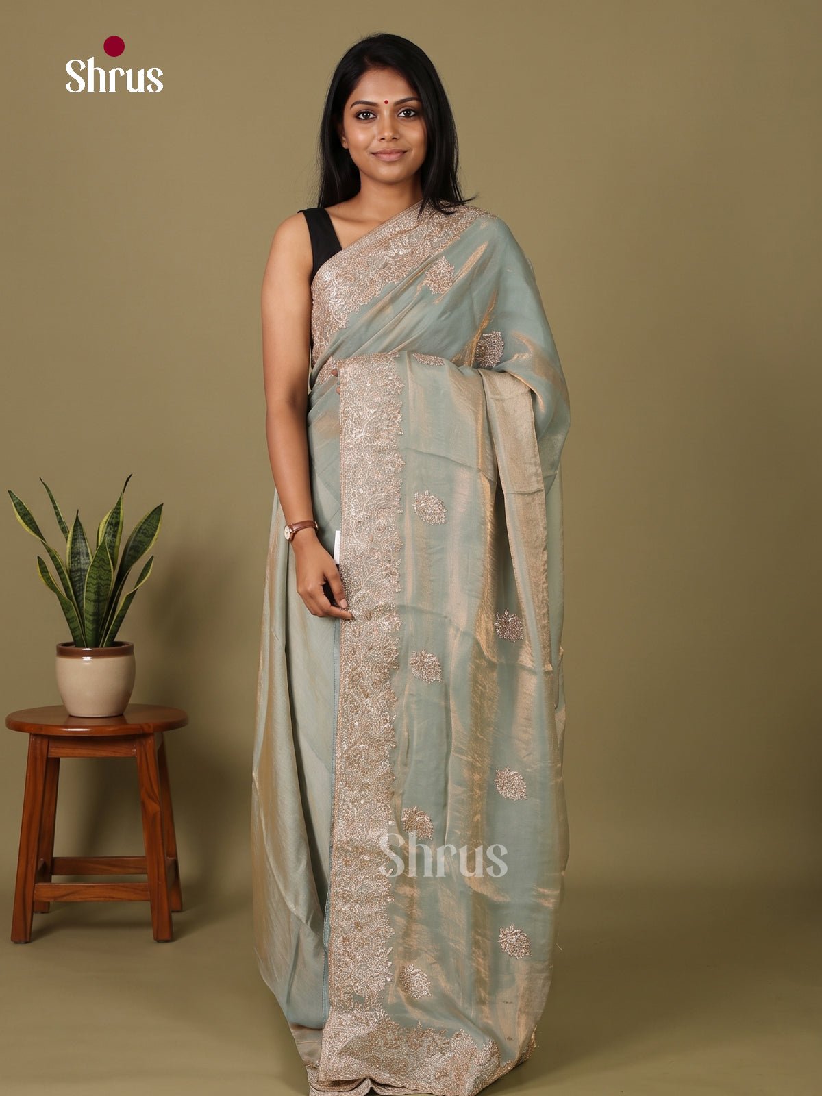 Shimmery Ice Blue Designer Saree with floral embroidery - Shop on Shrus.com