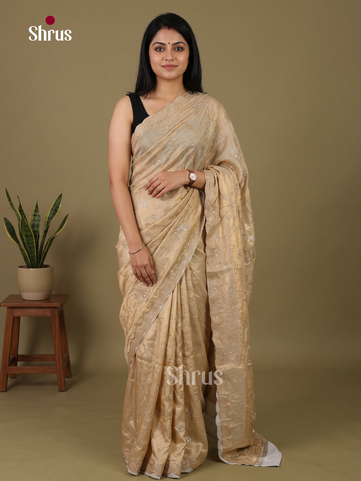Beautiful Beige Designer Saree with stone work - Shop on Shrus.com