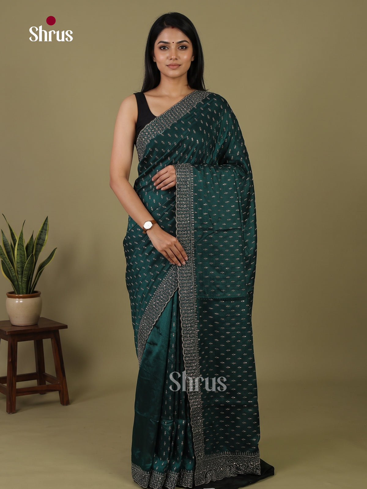 Elegant Peacock Green Designer Saree with stone work - Shop on Shrus.com