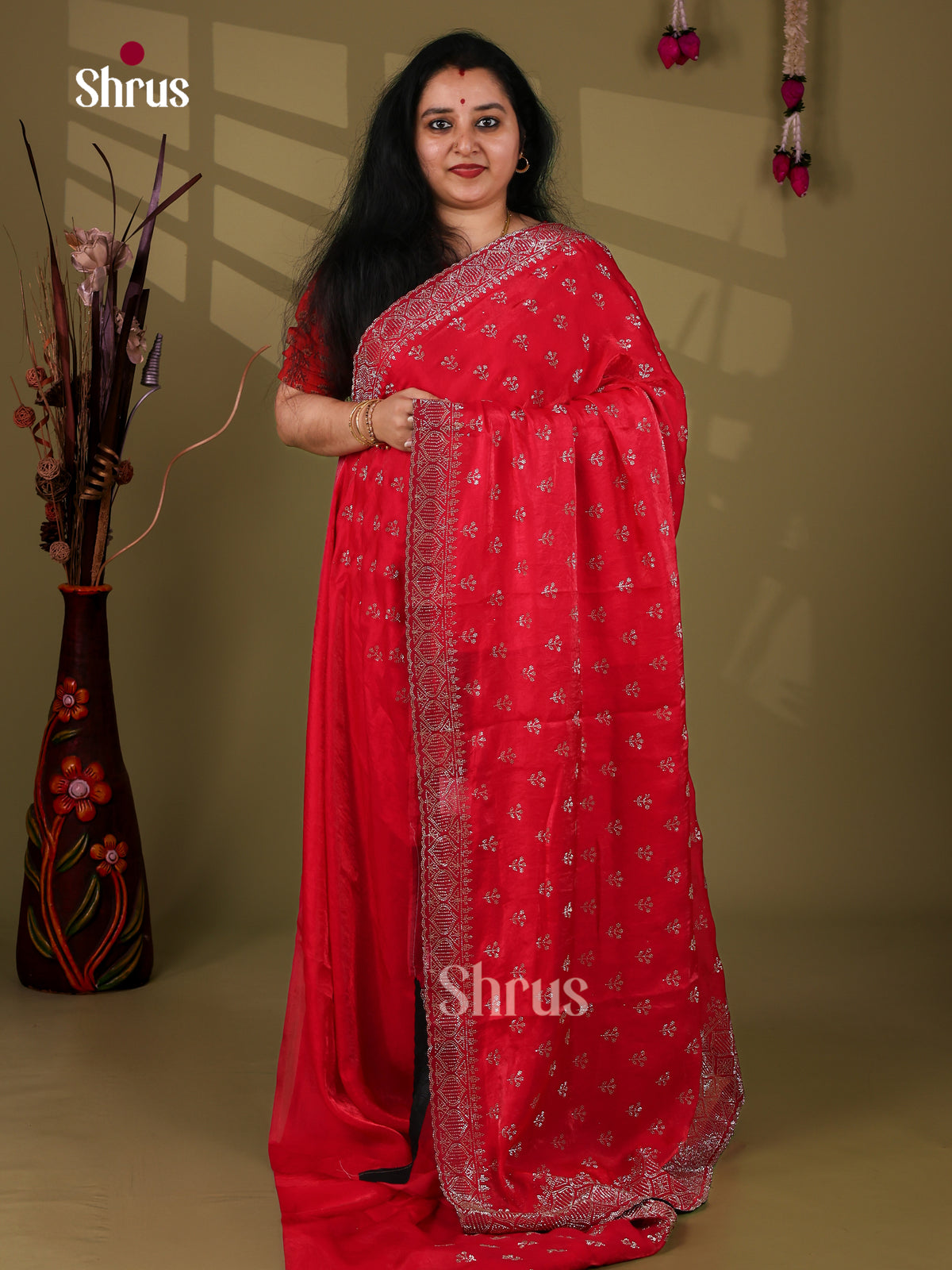 Bright Red Designer Saree with stone work