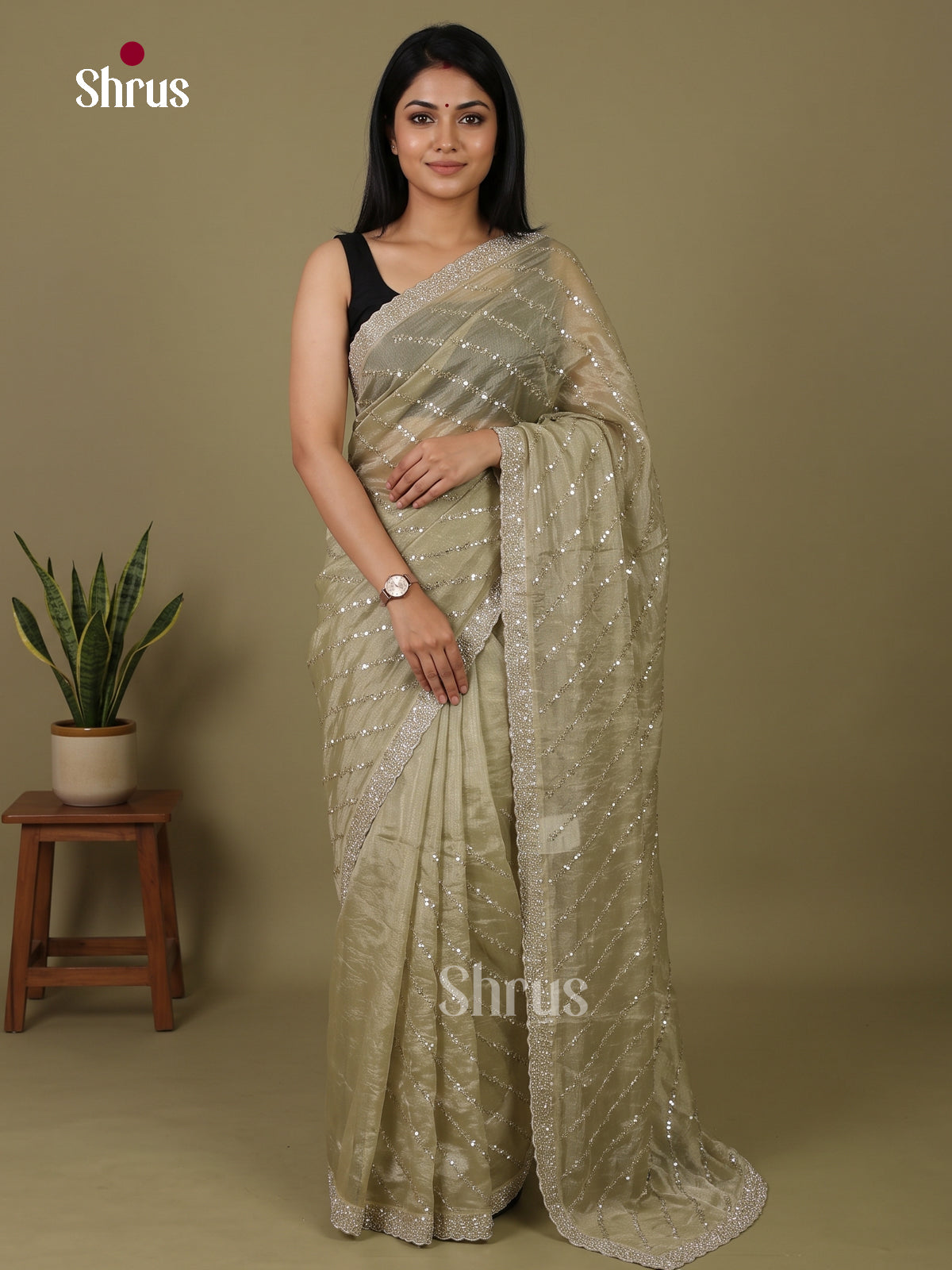 Beautiful Elachi Green Designer Saree with stone work - Shop on Shrus.com