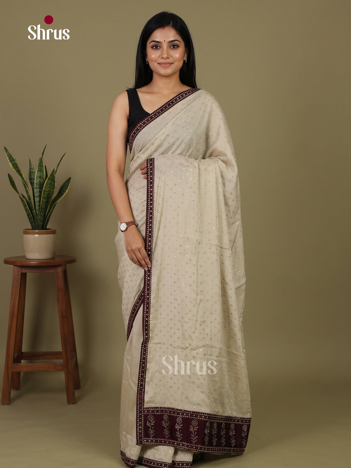 Pretty Cream & Brown Designer Saree with stone work - Shop on Shrus.com