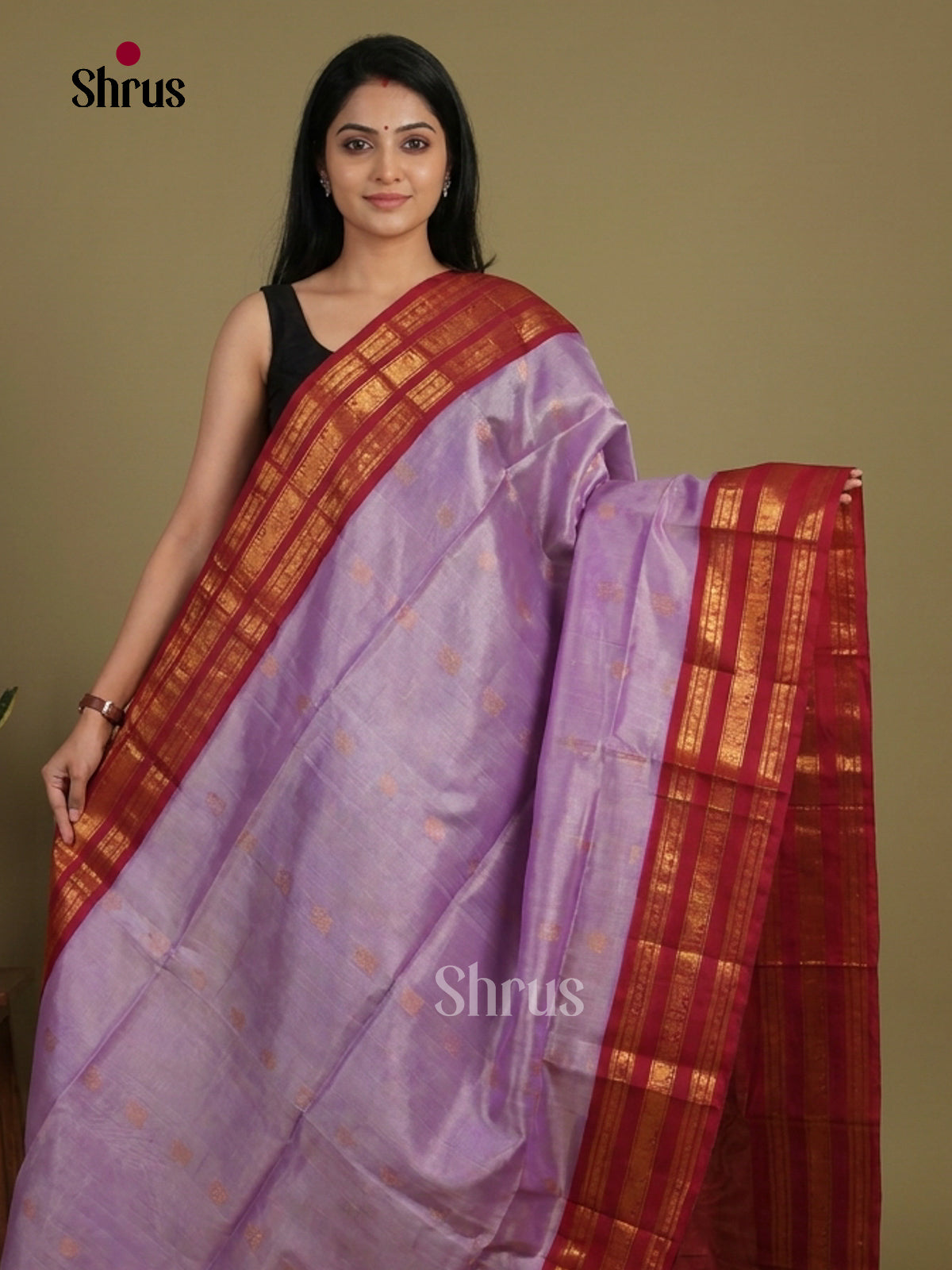 Pretty Lavender & maroon Silk Cotton Saree with gold zari buttas & korvai zari Border