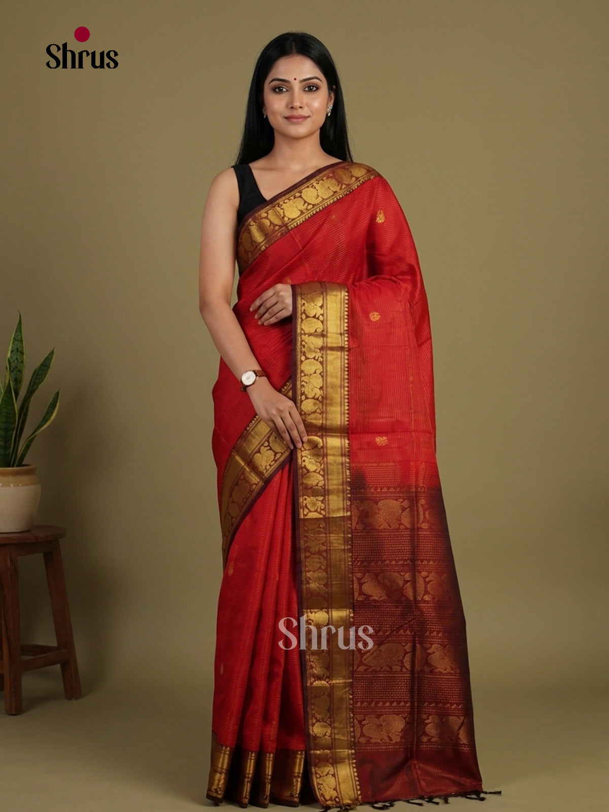 Bright Red & Maroon Silk Cotton Saree with zari manga and peacock buttas