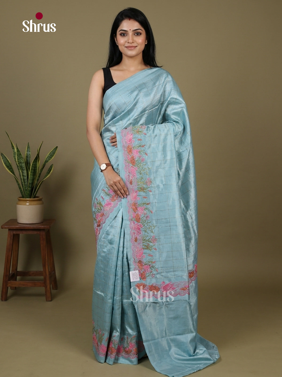 Sky Blue - Semi Rawsilk Embroidery Saree