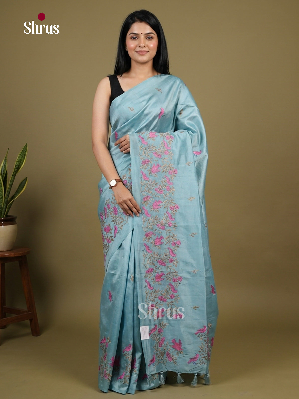 Pastel Blue - Semi Rawsilk Embroidery Saree