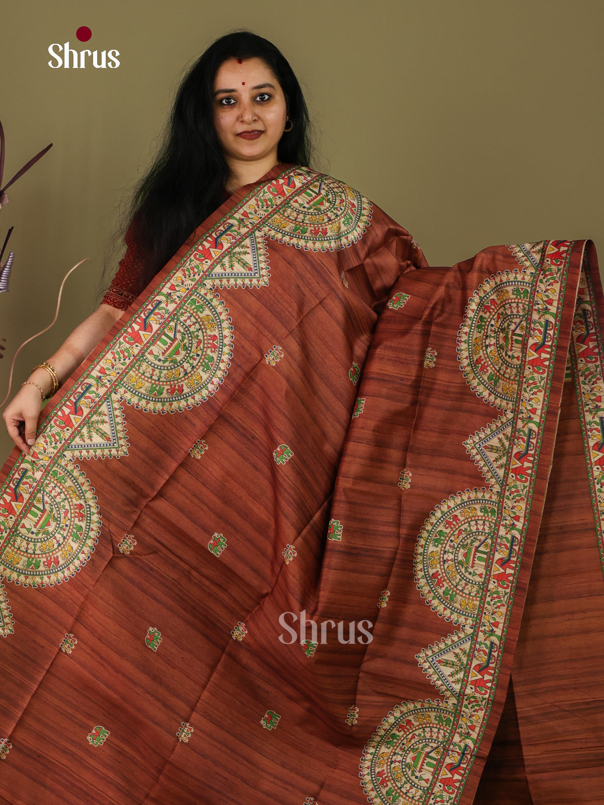 Brown & Cream -Printed Madhubani Saree
