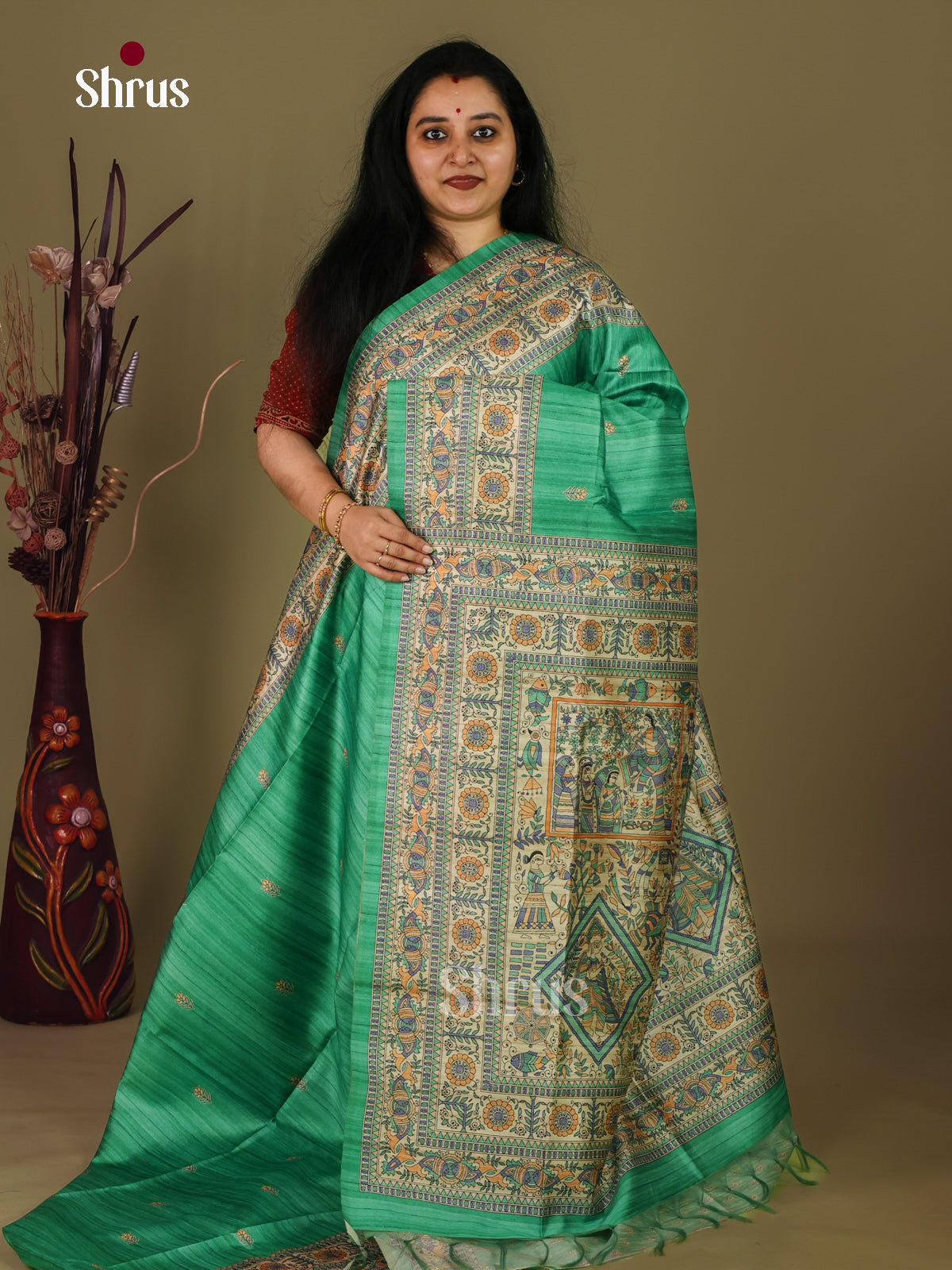 Green & Cream - Printed Madhubani Saree - Shop on Shrus.com