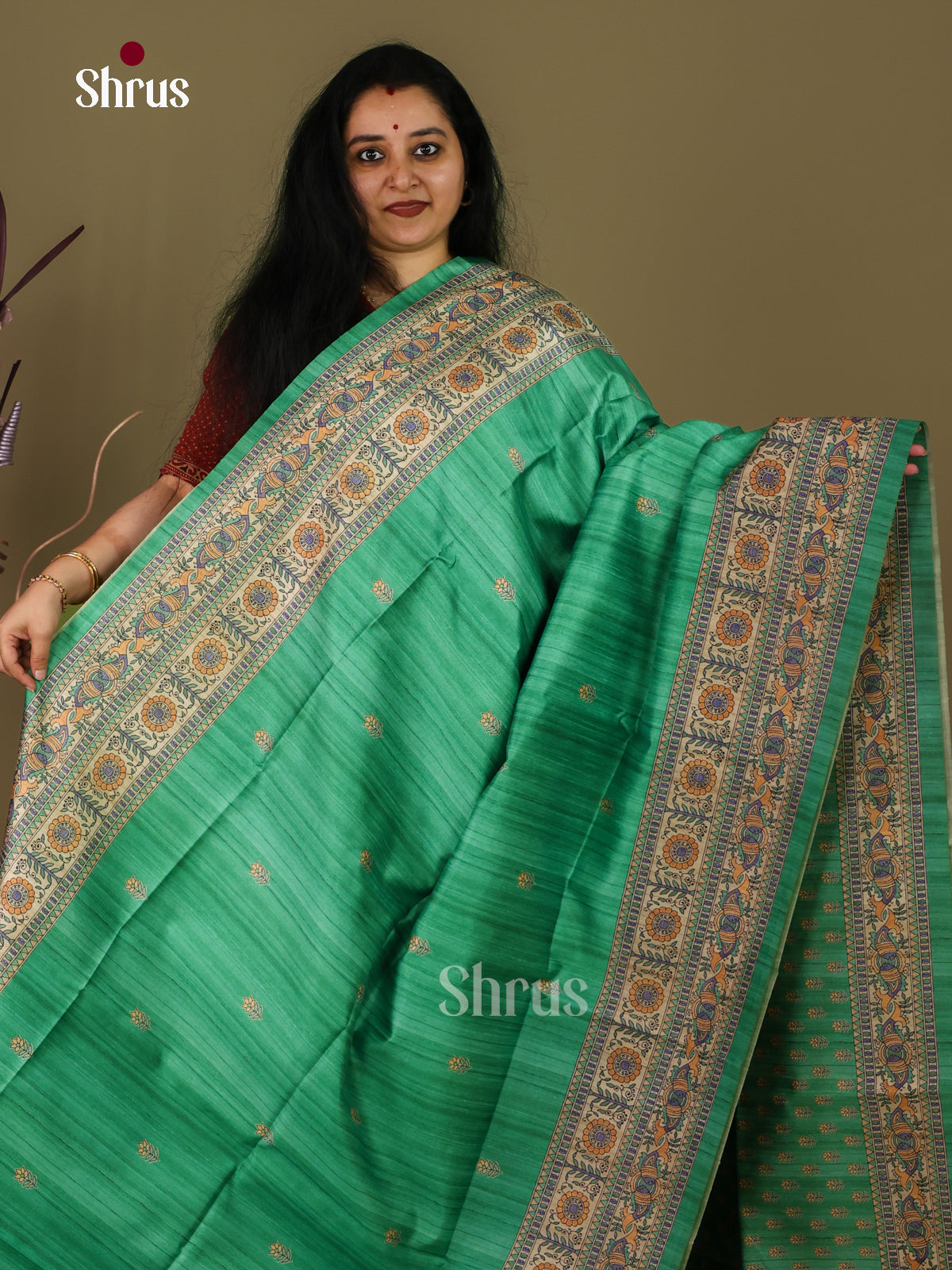 Green & Cream - Printed Madhubani Saree - Shop on Shrus.com