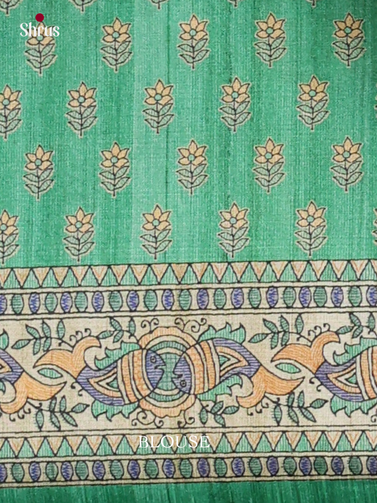 Green & Cream - Printed Madhubani Saree - Shop on Shrus.com