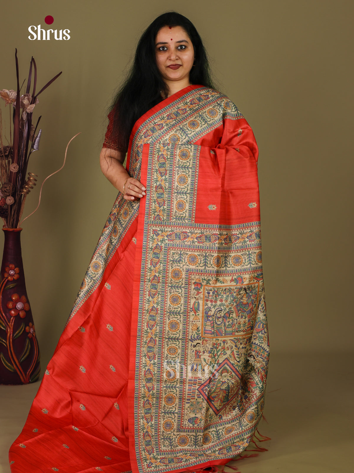 Orange & Cream - Printed Madhubani Saree